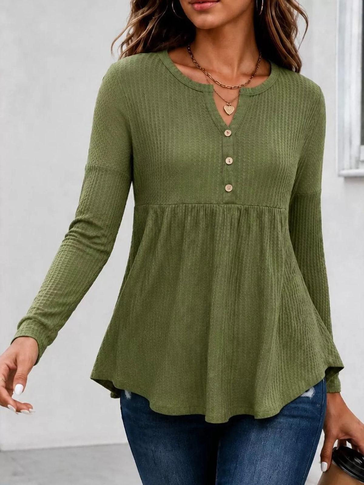Women's Textured Long Sleeve Peplum Top in Moss, back view