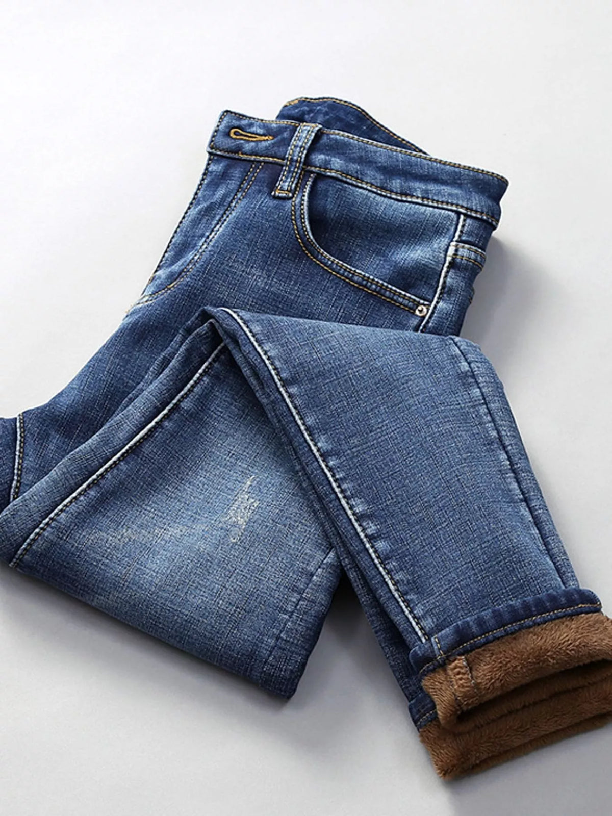 High-Waisted Slim-Fit Stretch Fleece Jeans — garment front