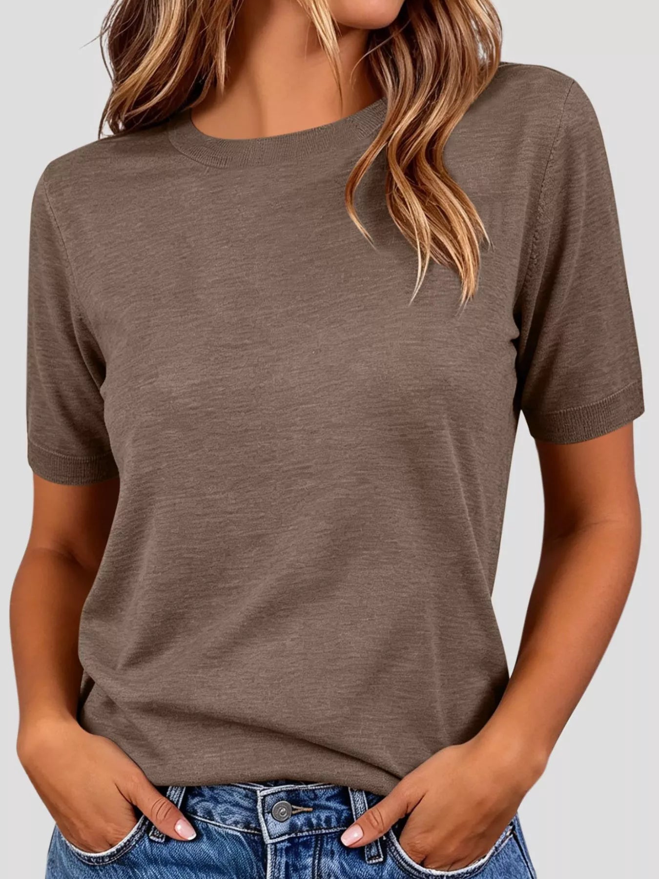 Trendsi Classic Crew Neck Short Sleeve Knit Top -
