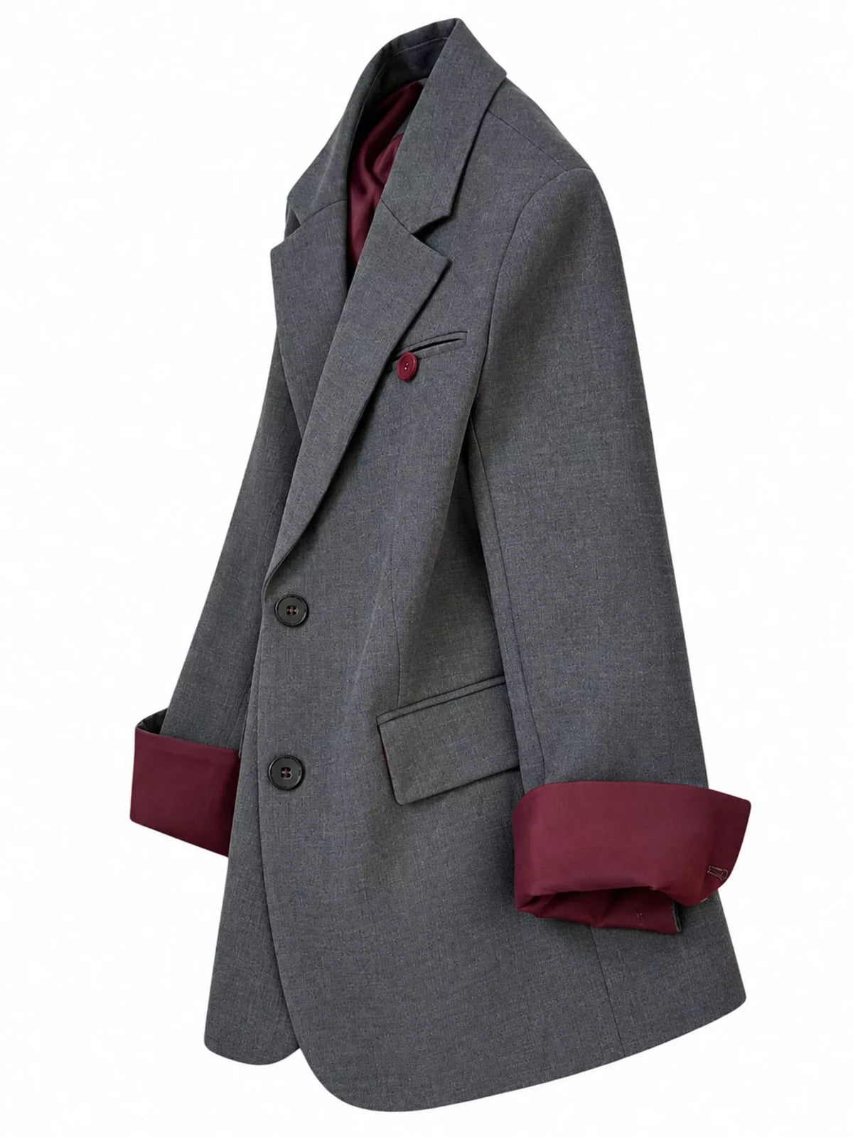 Gray lapel collar button-up blazer, side view