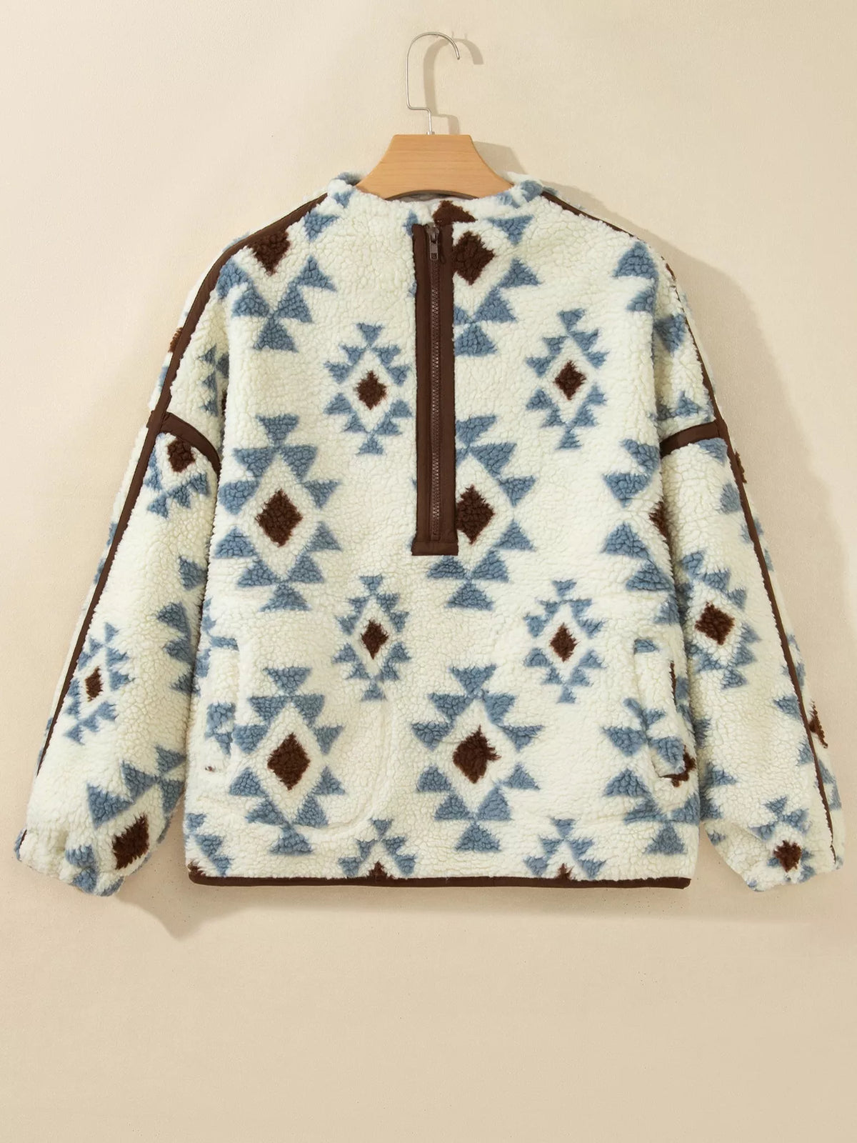 Cream blue and brown geometric print sherpa sweatshirt, front product view