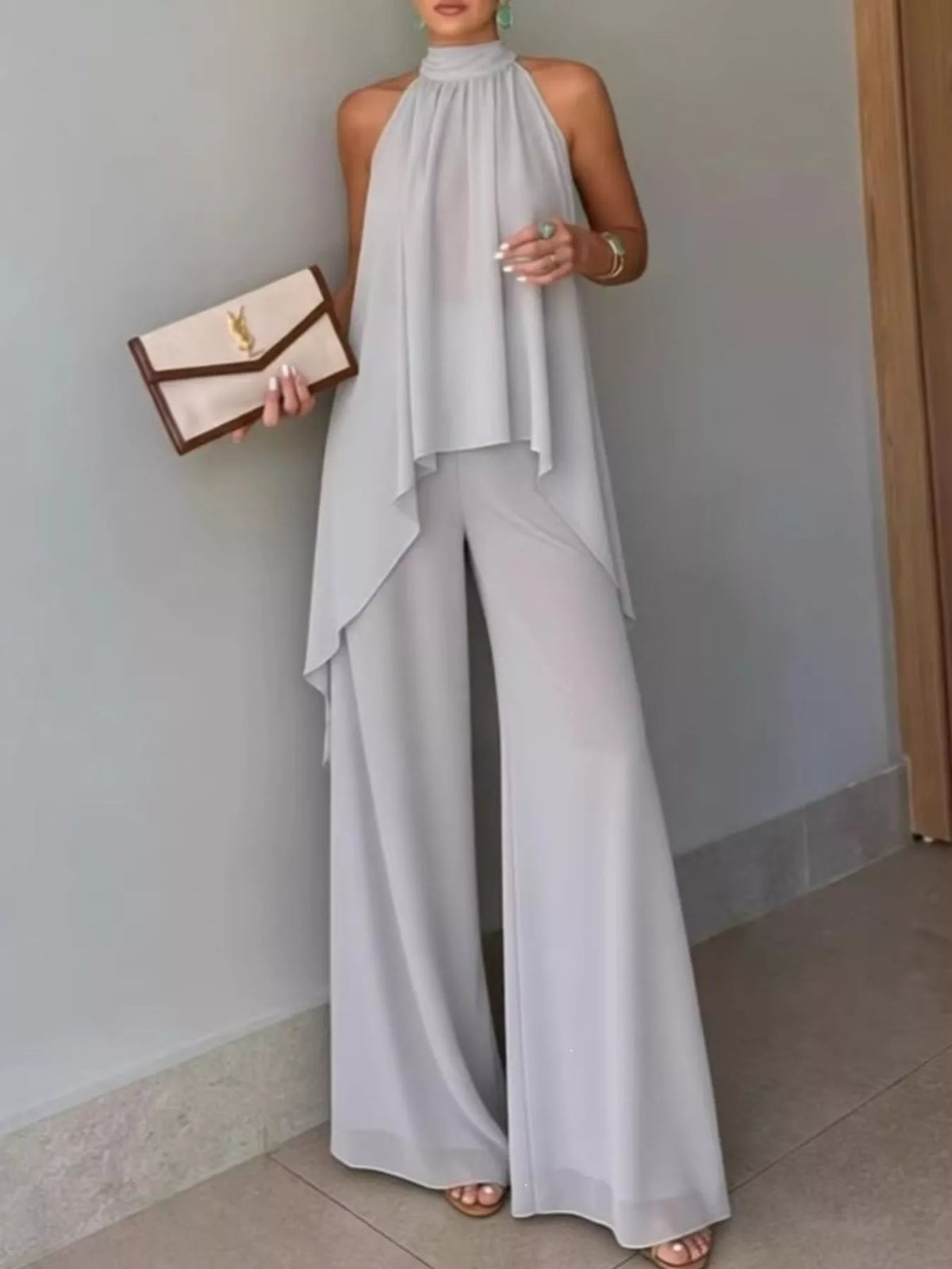 Light Gray High-Low Sleeveless Top & Wide-Leg Pants Set front view