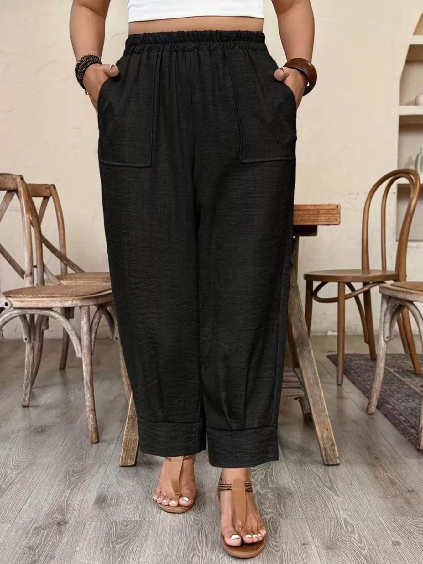 Trendsi Plus Size High-Waisted Elastic Waist Pants with Pockets -