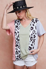 Trendsi BiBi Cotton Span Knit With Leopard Color Block Top -