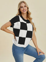 Trendsi Double Take Full Size Checkered Round Neck Short Sleeve Sweater -