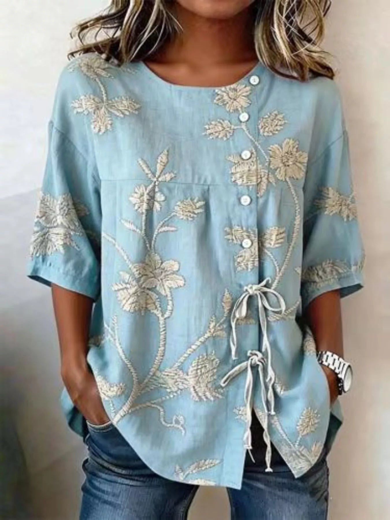 Trendsi Full Size Embroidered Floral Tie Front Shirt Plus Size -