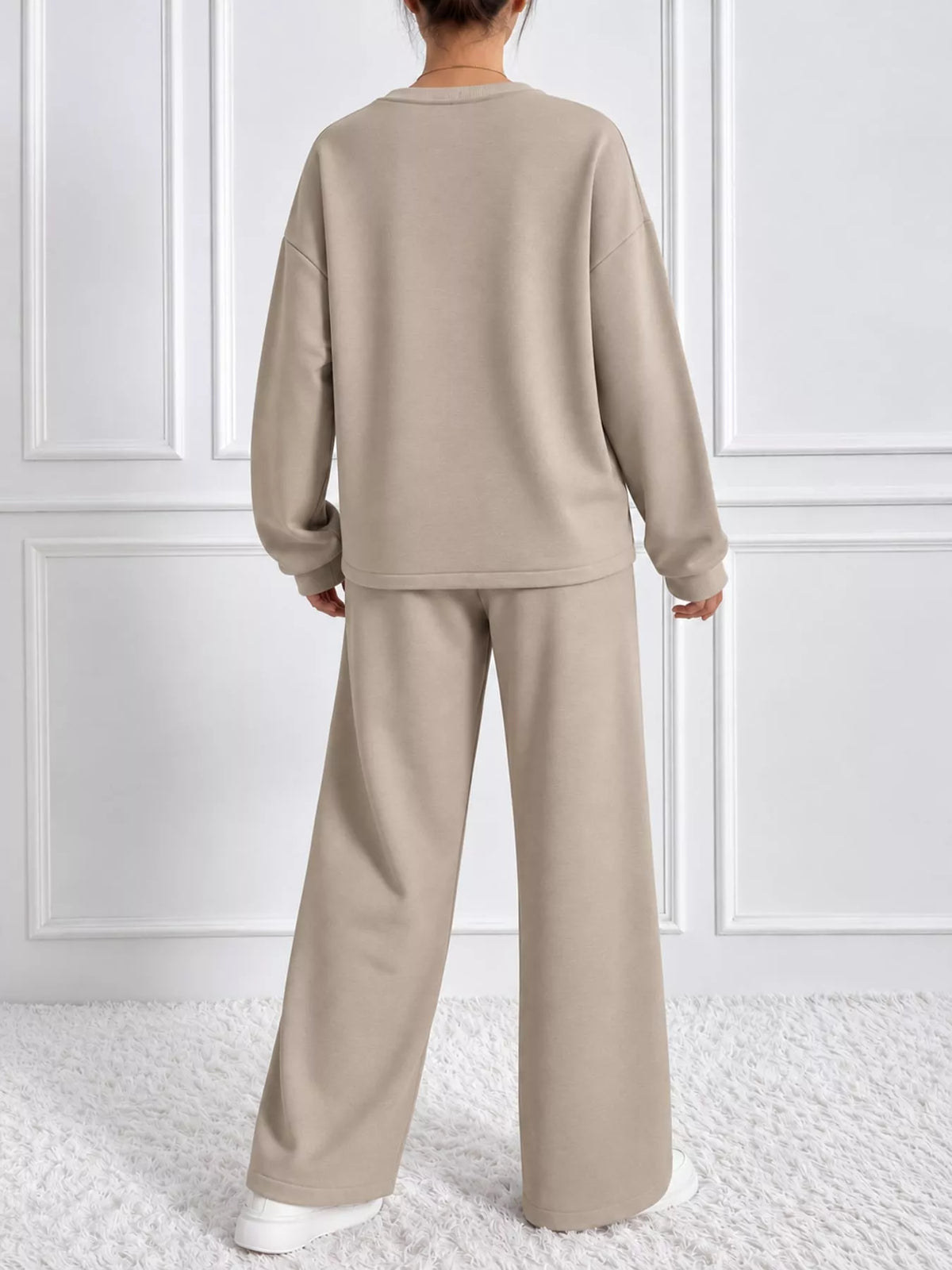 Taupe oversized sweatshirt and wide-leg pants set — back view