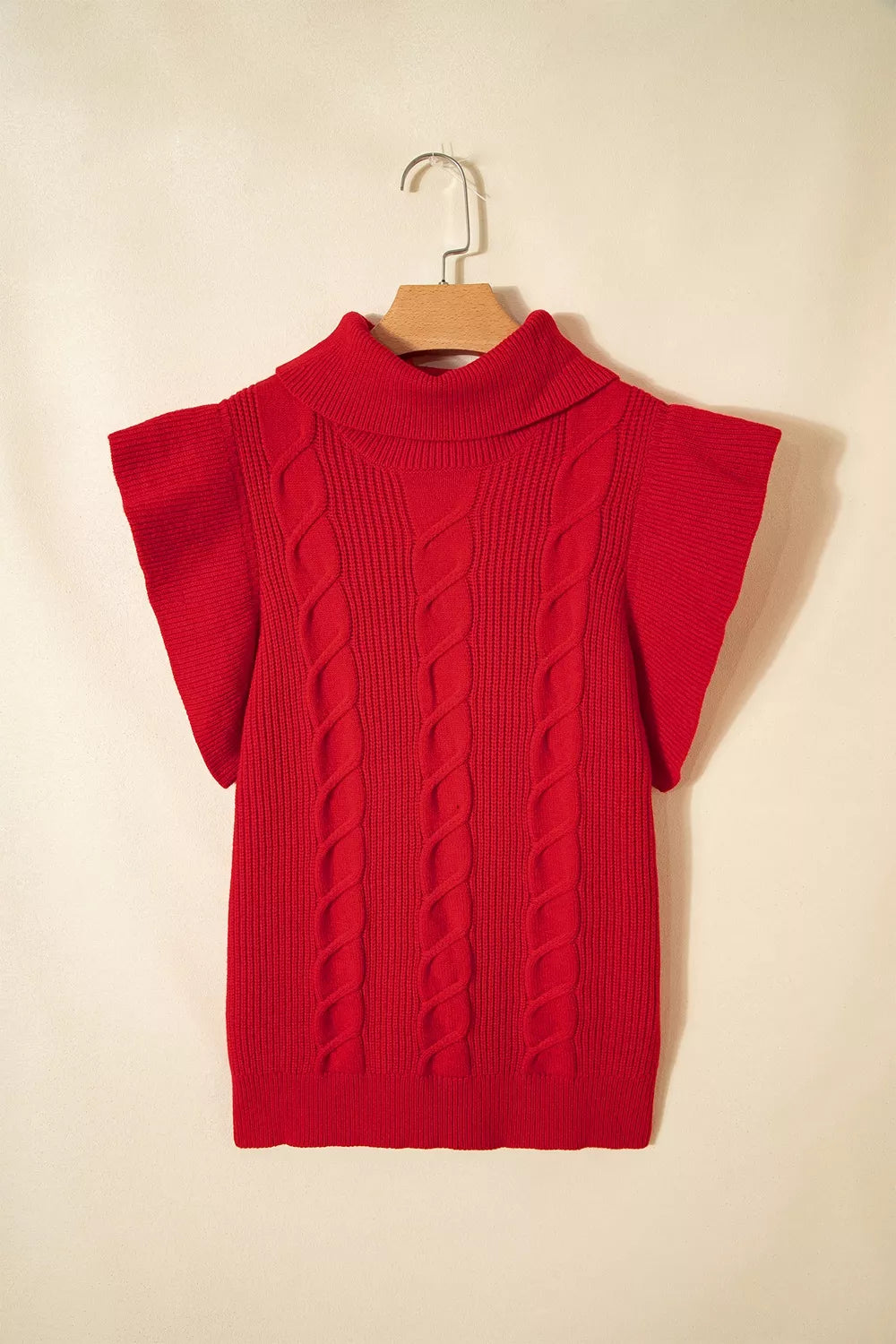Trendsi Cable Knit Turtleneck Ruffled Short Sleeve Sweater -