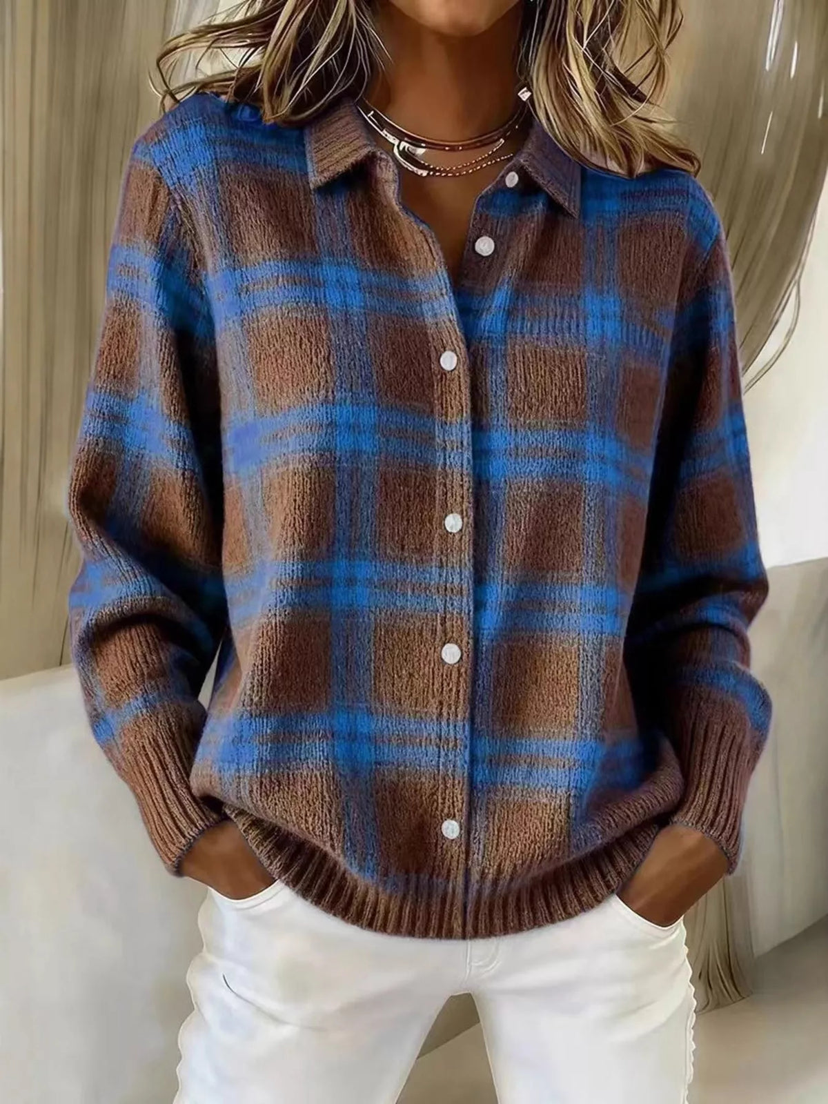 Trendsi Full Size Plaid Button-Down Knit Cardigan Plus Size -