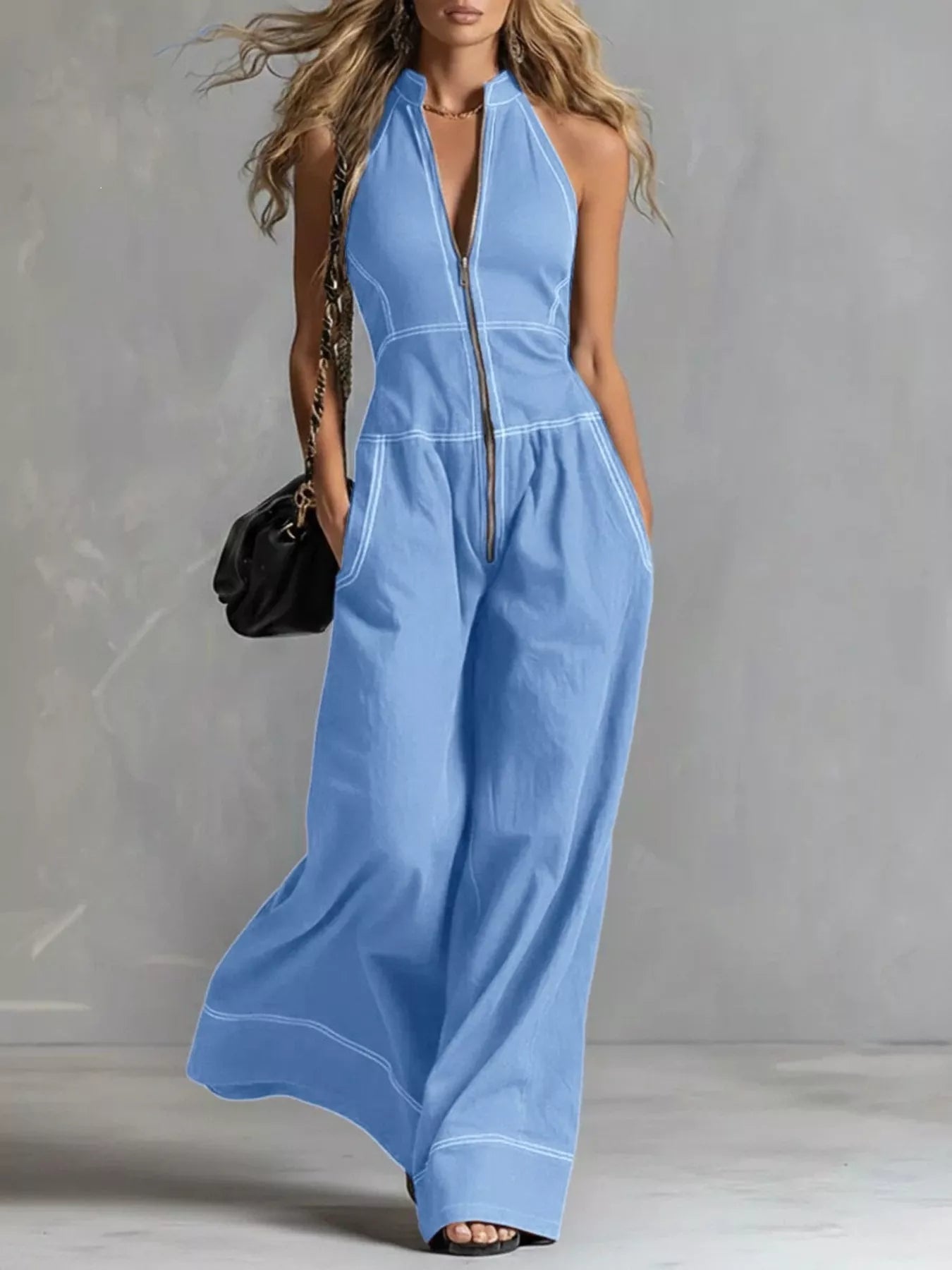 Trendsi Zip Front Sleeveless Wide Leg Jumpsuit -