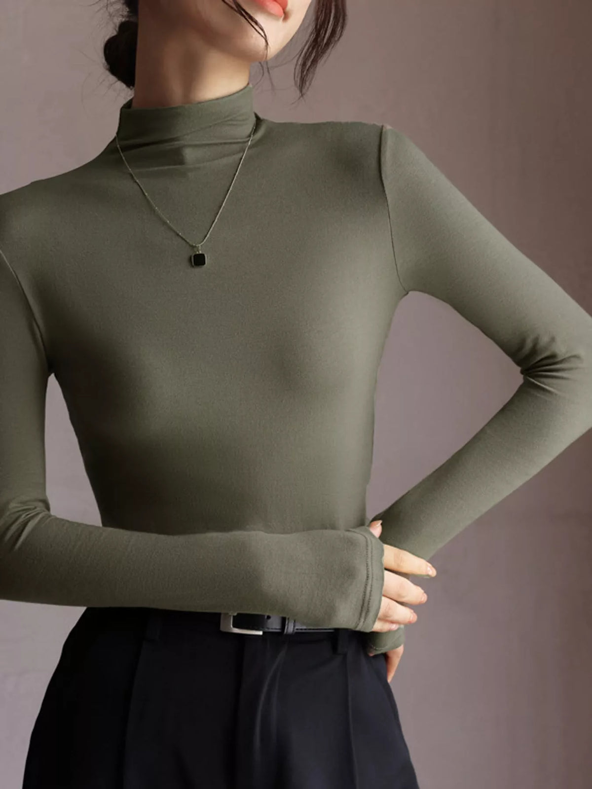Slim-Fit Mock Neck Long Sleeve T-Shirt — front view