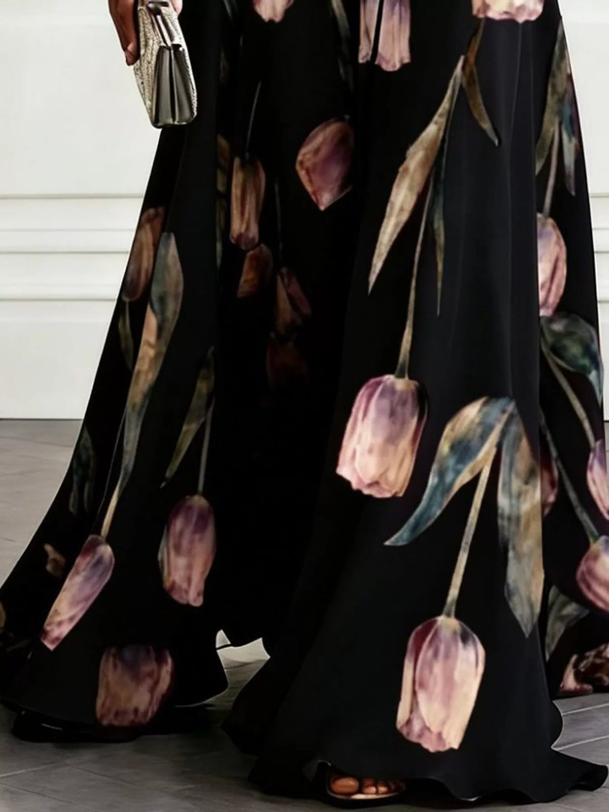 Women's Sleeveless Floral Print Maxi Dress in black floral — print detail view