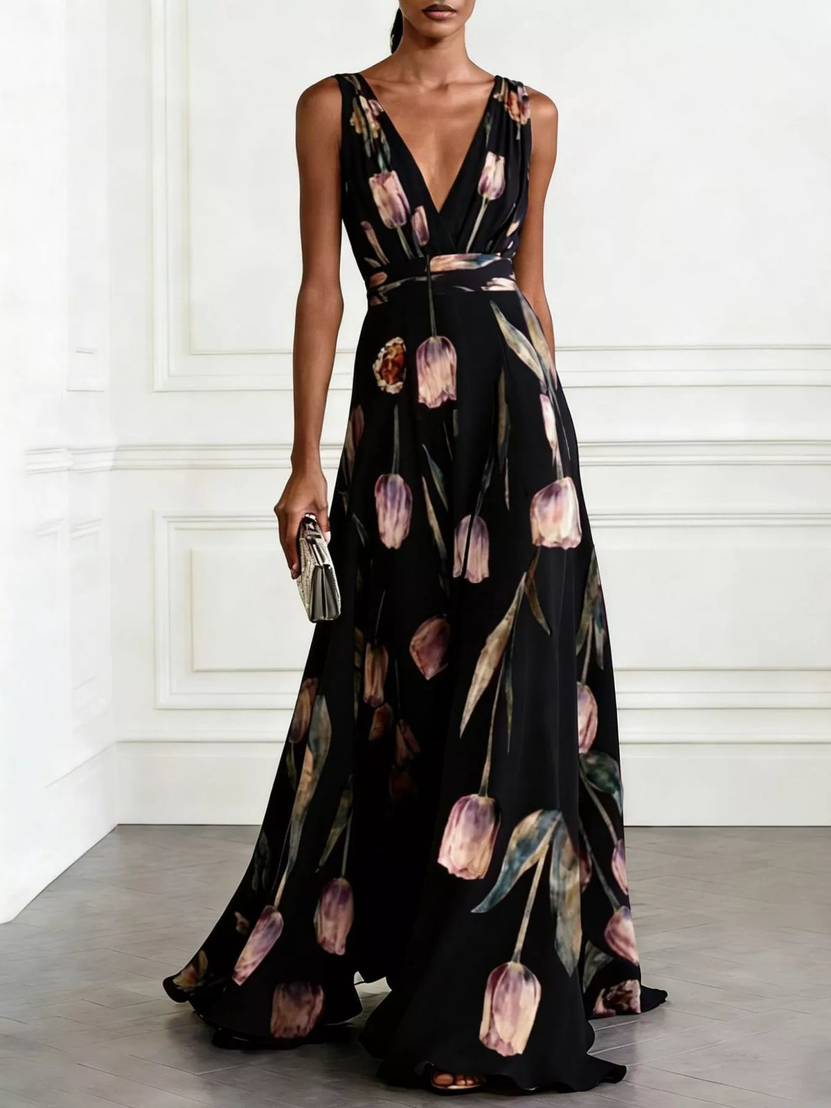 Women's Sleeveless Floral Print Maxi Dress in black floral — front view