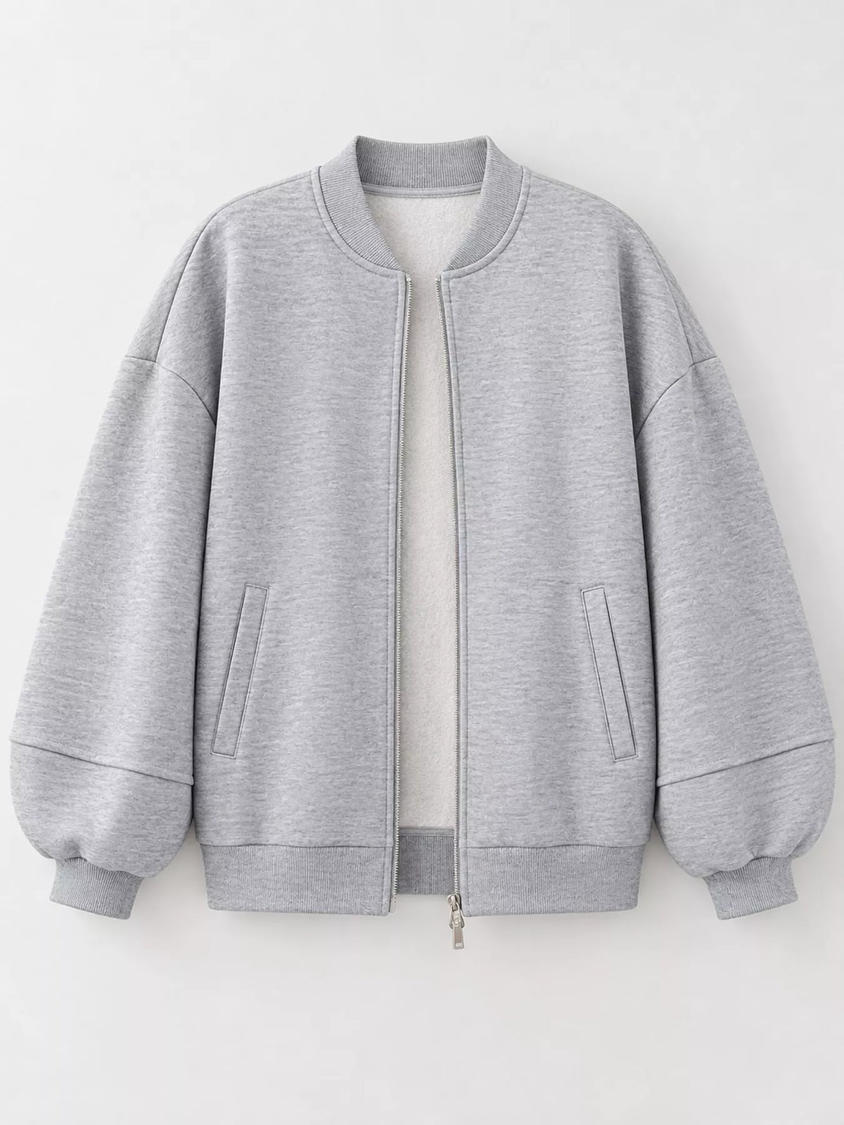 Gray oversized zip-up jacket — front view