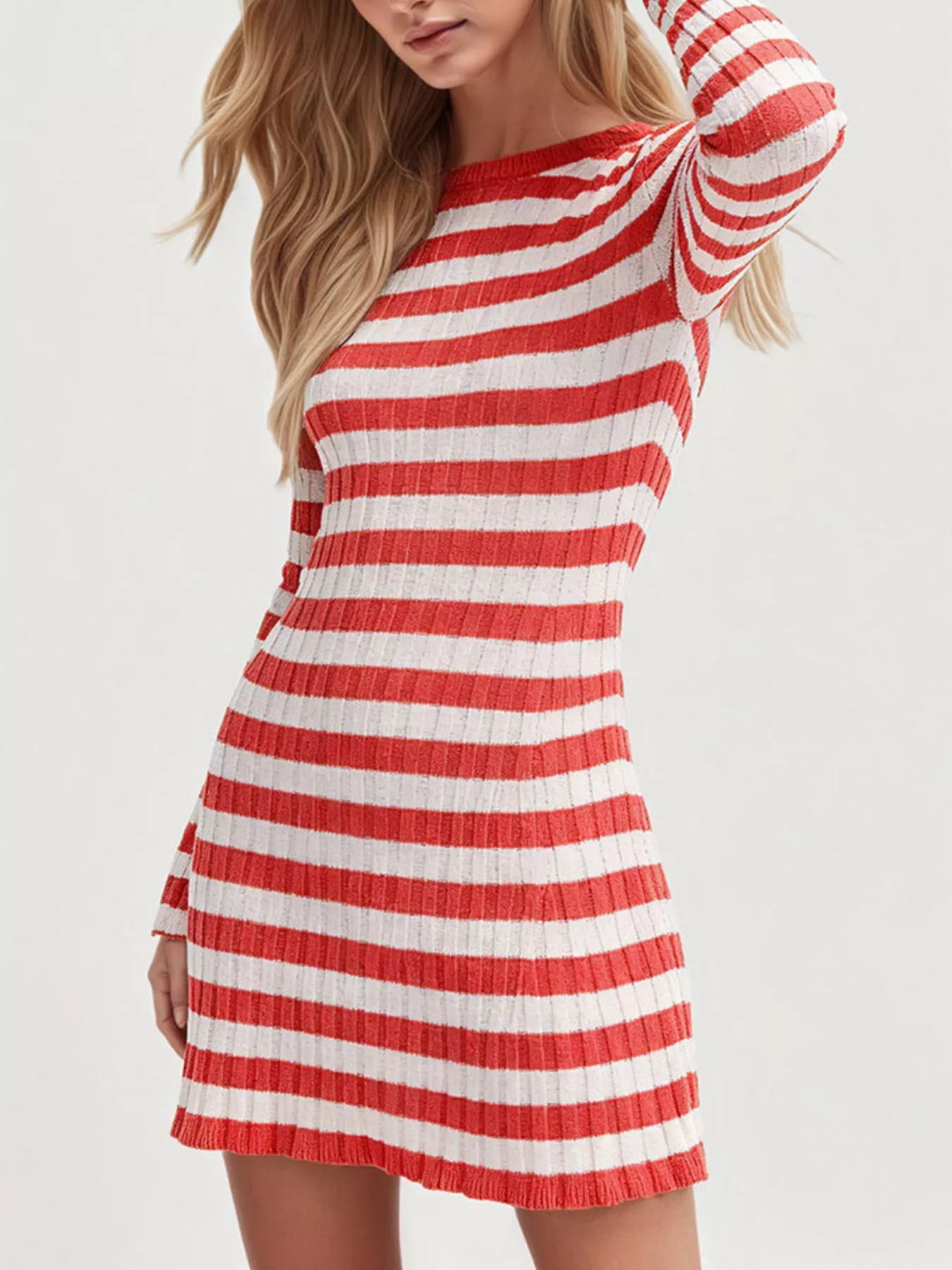 Trendsi Striped Ribbed Knit Long Sleeve Sweater Dress -