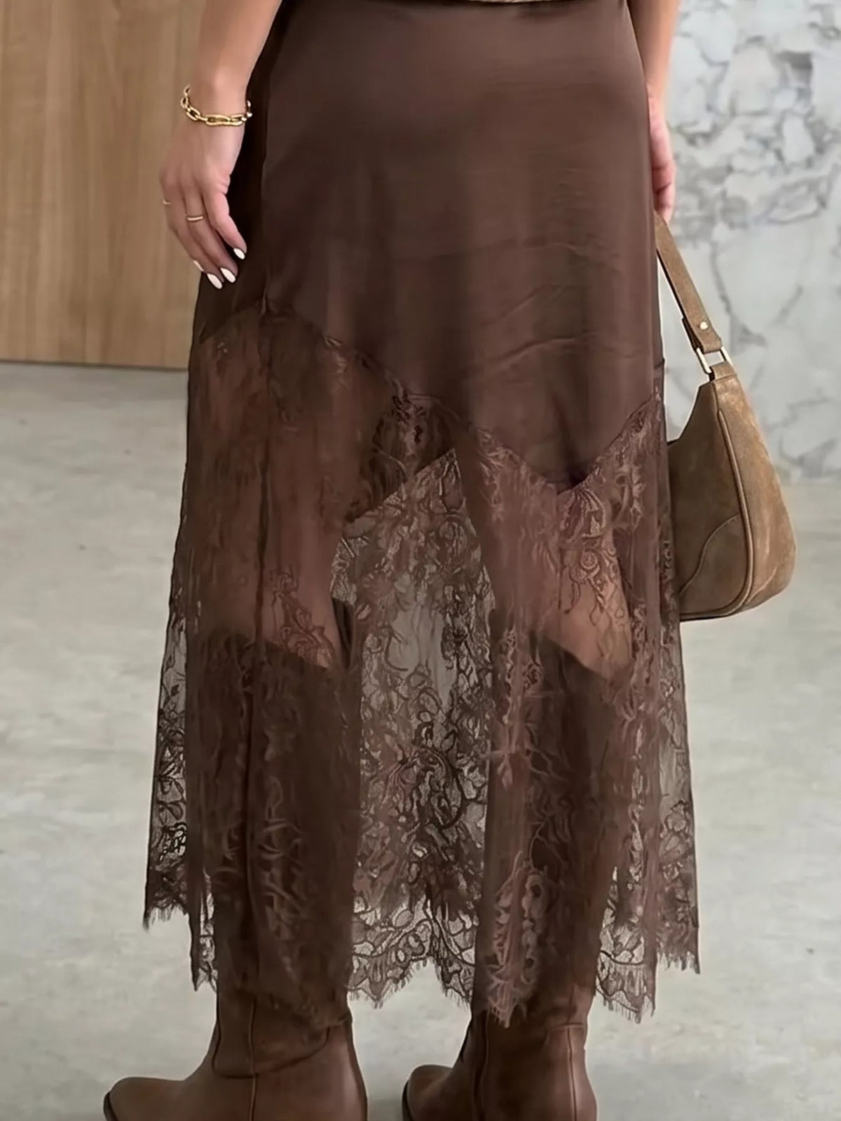Lace-hem skirt, brown full front