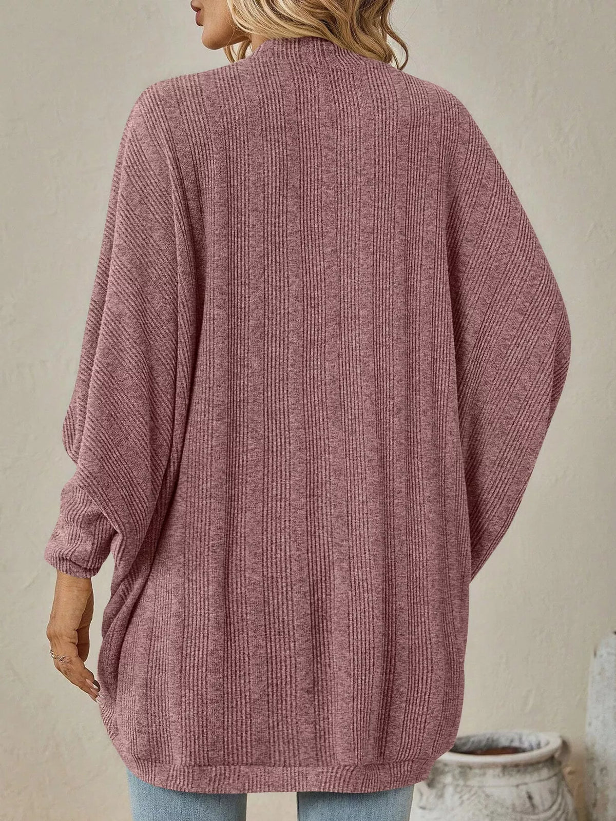 Dusty pink open-front batwing sleeve ribbed cardigan, back view
