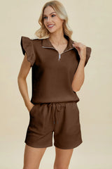 Trendsi Double Take Full Size Texture Flounce Sleeve Top and Shorts Set -