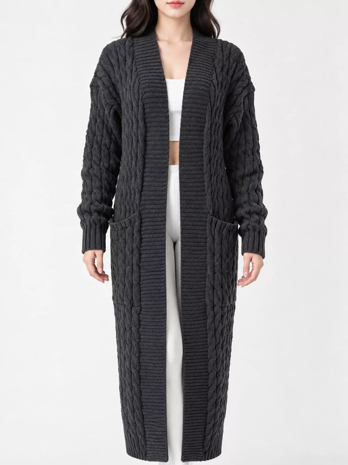 Dark Gray cable-knit longline open-front cardigan