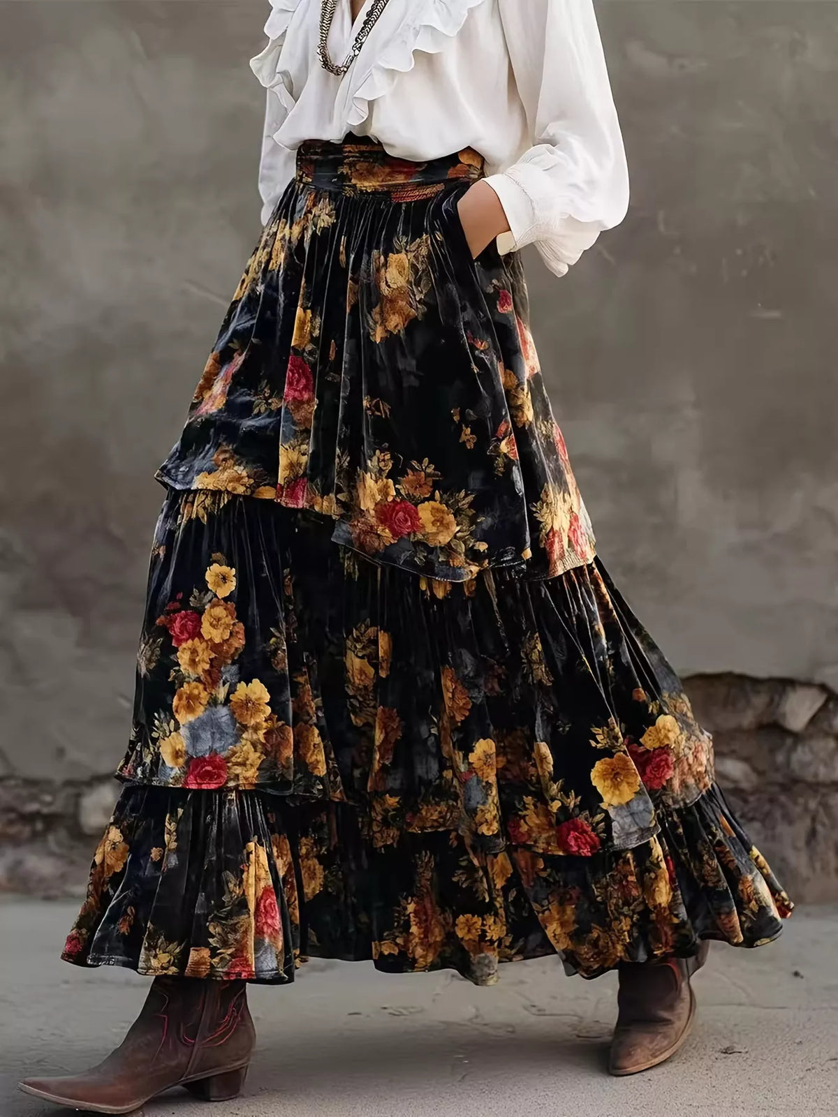Floral Floral Tiered Maxi Skirt with Pockets front view