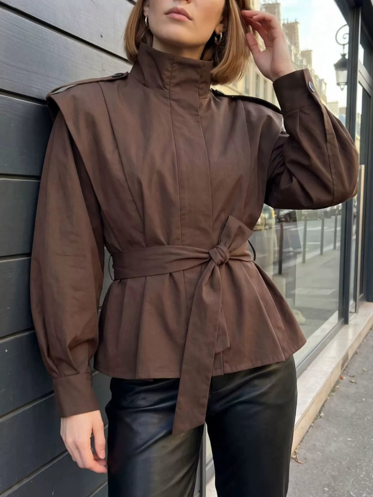 Trendsi Stand-Collar Belted Outerwear -