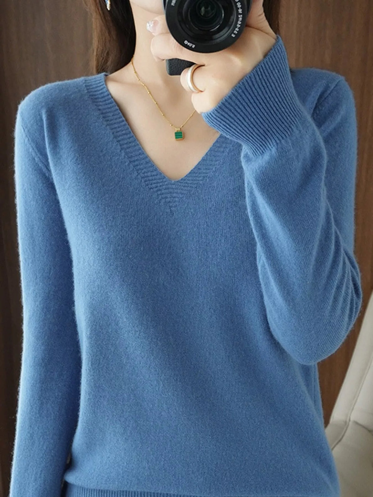 V-Neck Knit Sweater in mist blue