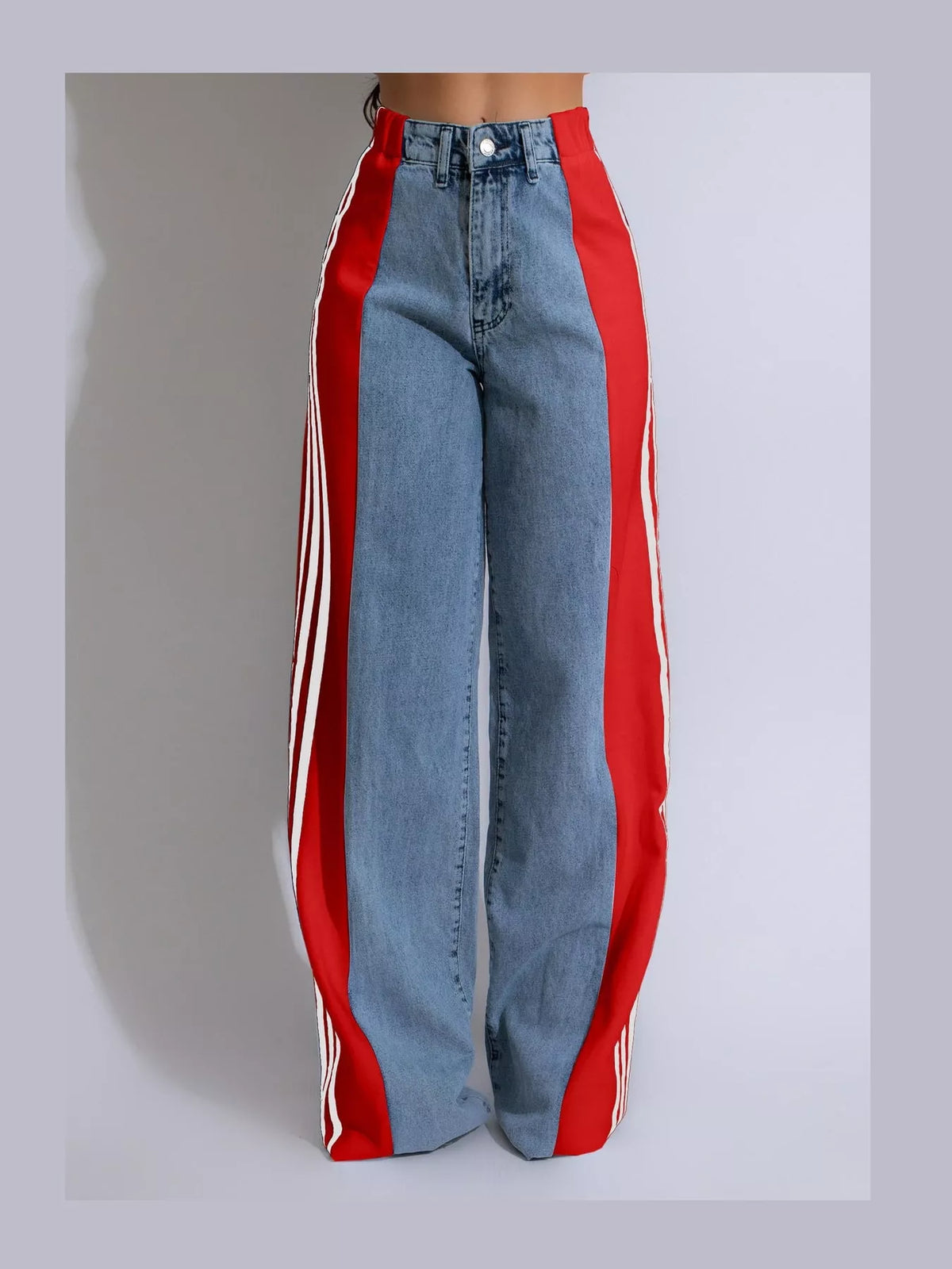 Red high-waisted wide-leg jeans with side stripe detail