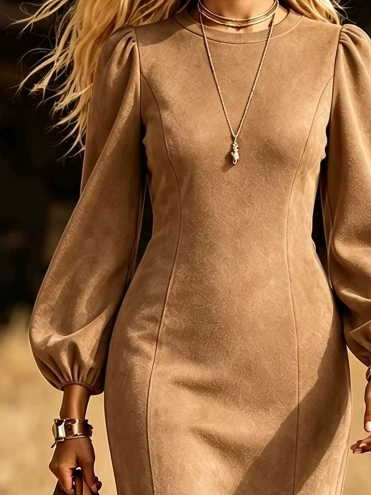 Women's Fringe Round Neck Balloon Sleeve Dress in camel — hem detail view