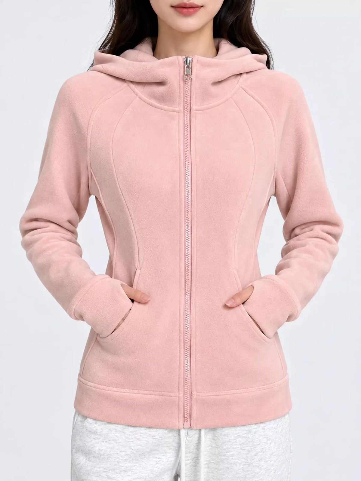 Slim-Fit Full-Zip Thumb Hole Long Sleeve Hoodie with Pockets — front view