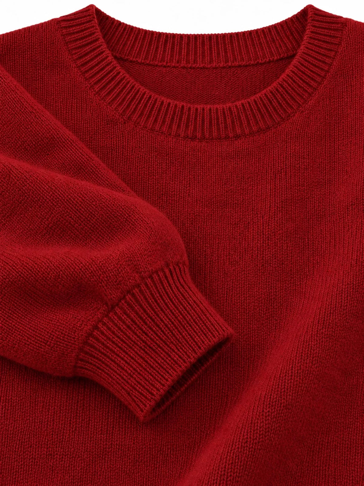 Red crew neck sweater, detail view