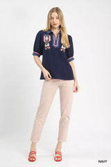 Trendsi Umgee Embroidered Puff Sleeve Contrast Trim Top -