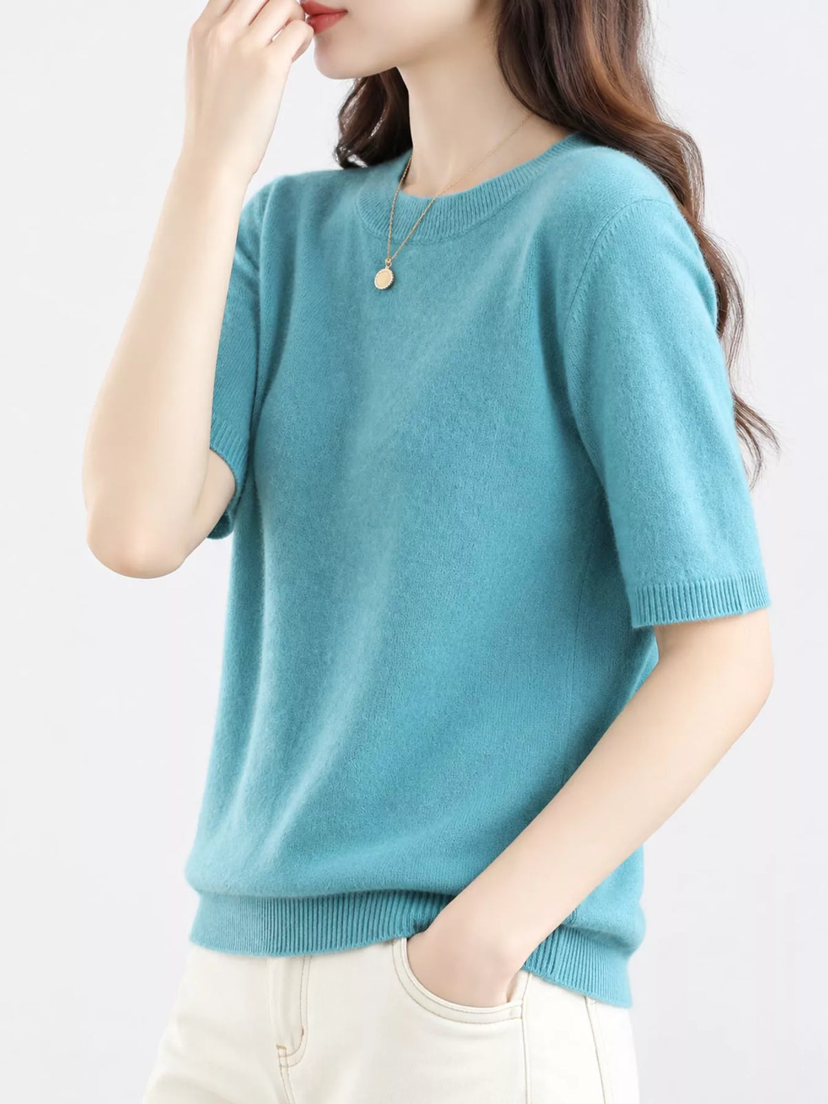 Lake Green round neck short-sleeve sweater