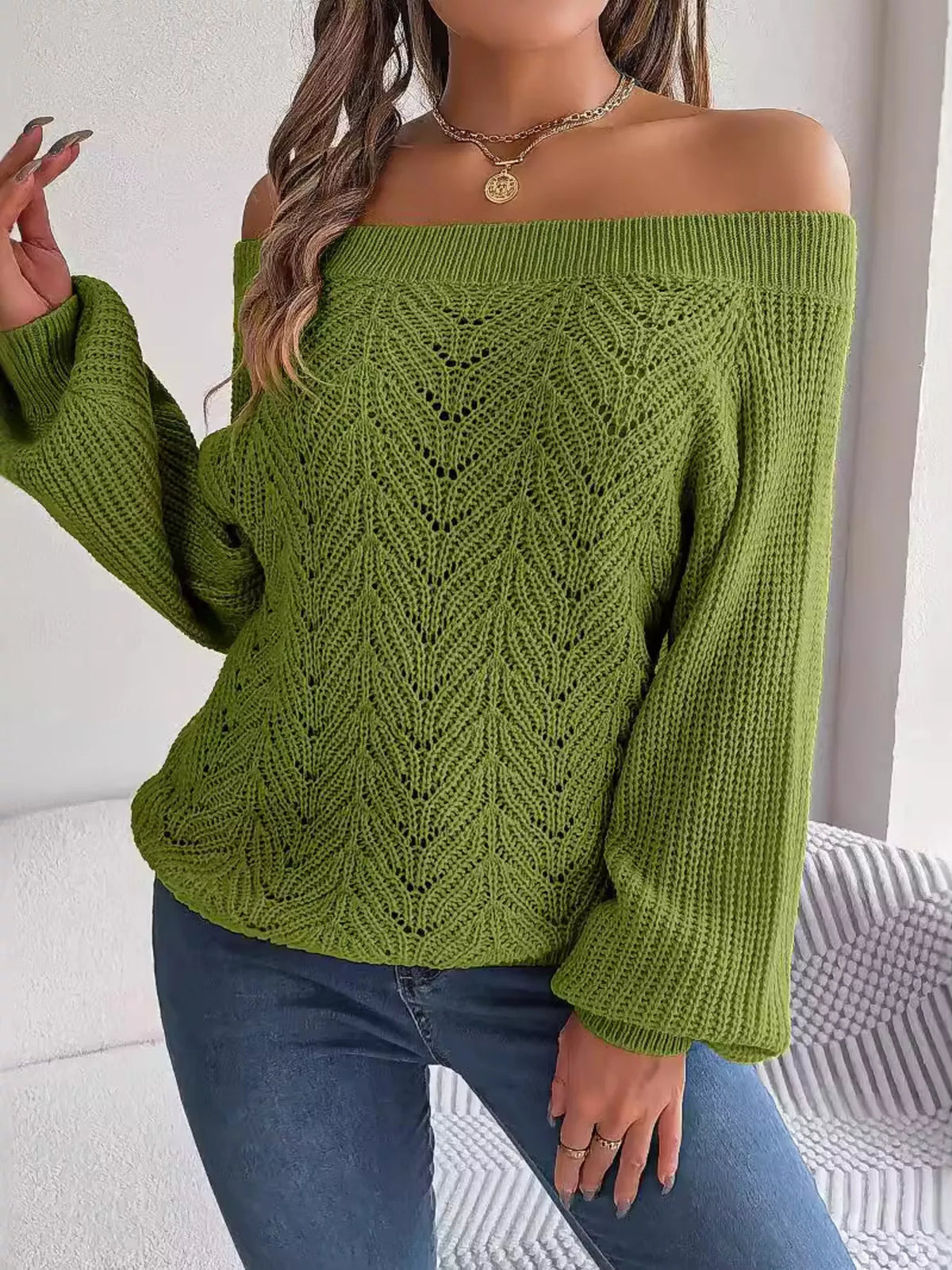 Openwork Off-Shoulder Sweater in green, front view