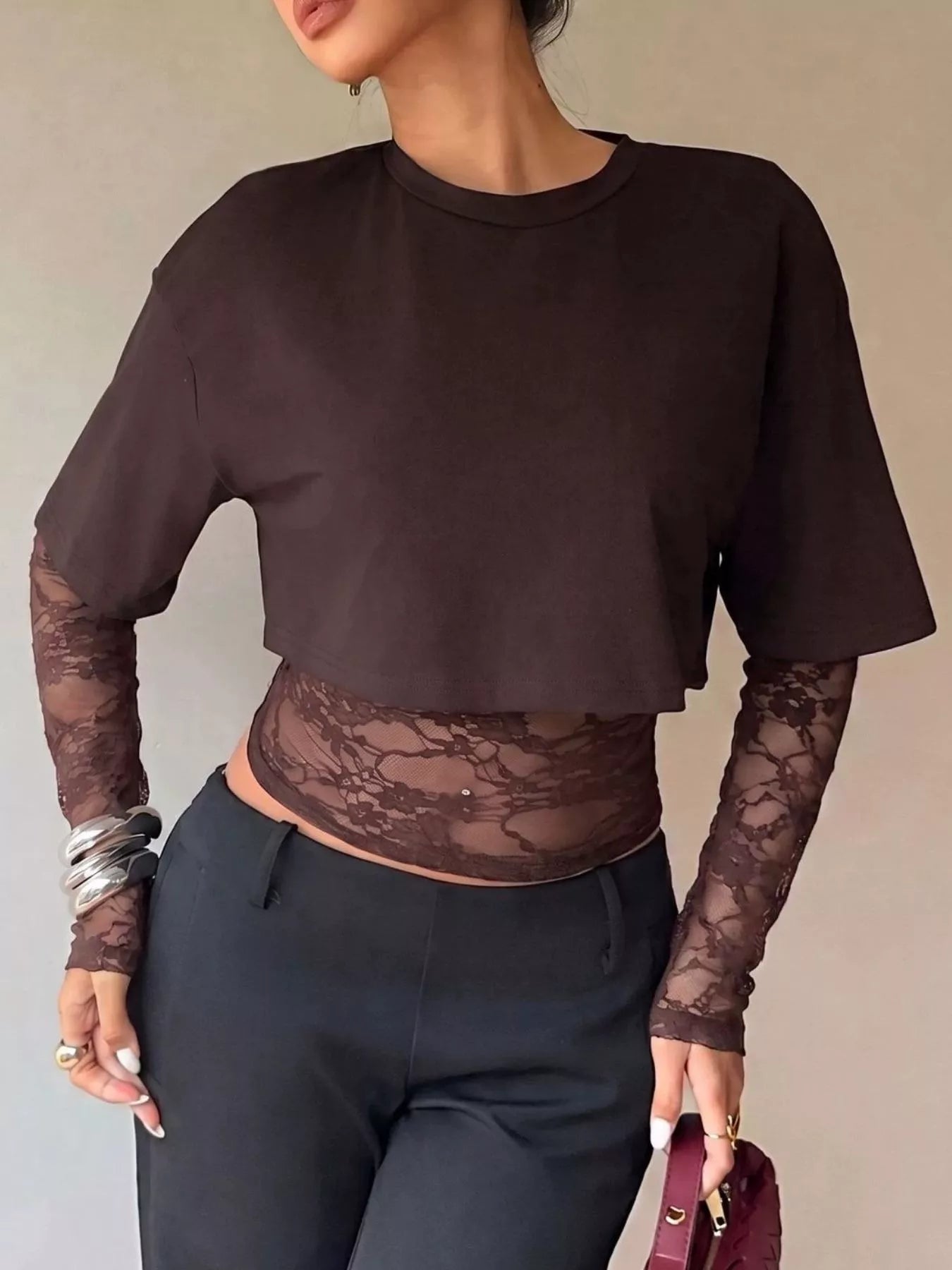 Trendsi Lace Patchwork Short Sleeve T-Shirt -
