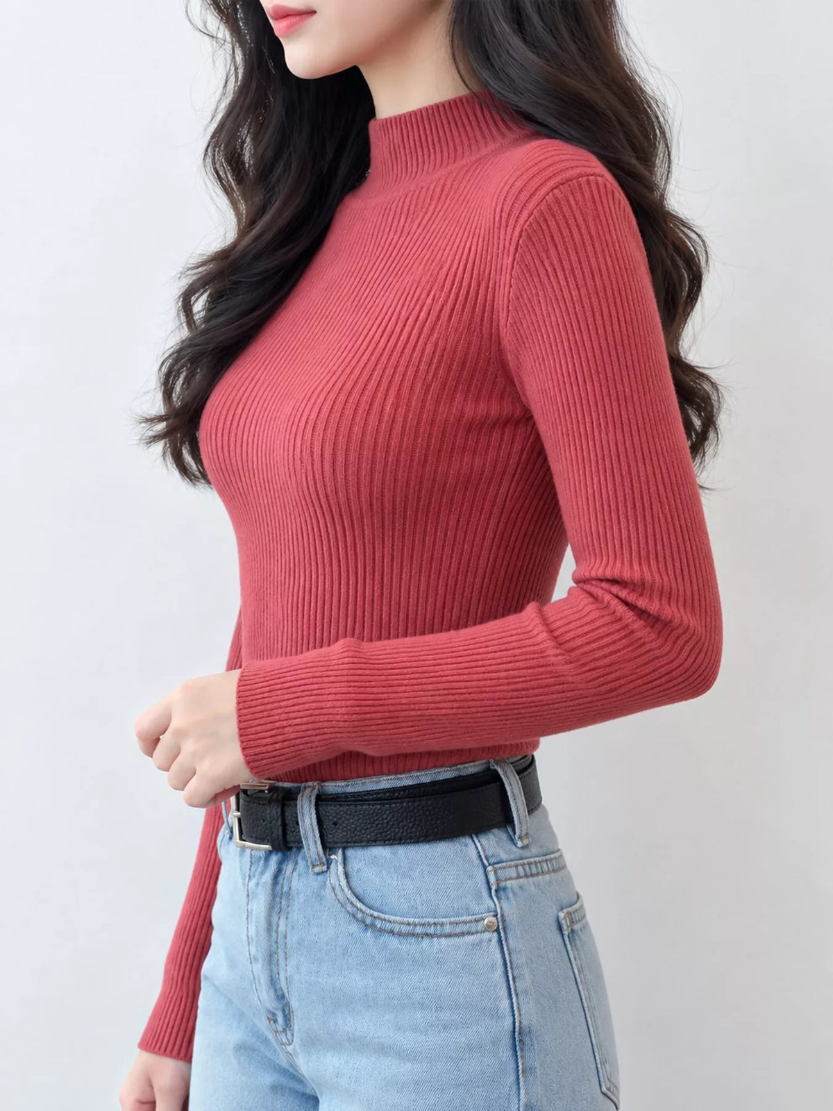 Rose ribbed mock neck long sleeve knit top