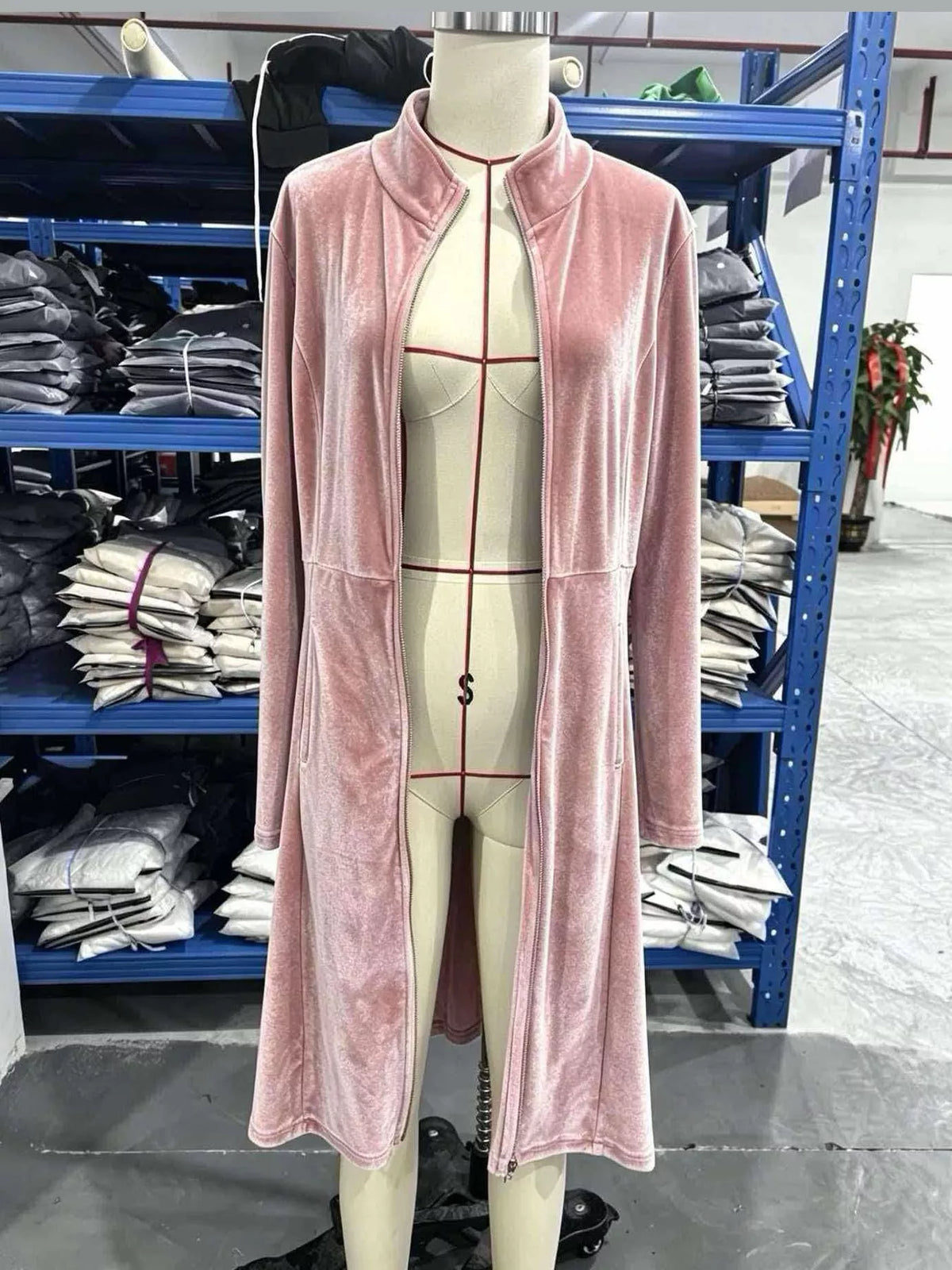 Pink velvet zip-up longline jacket