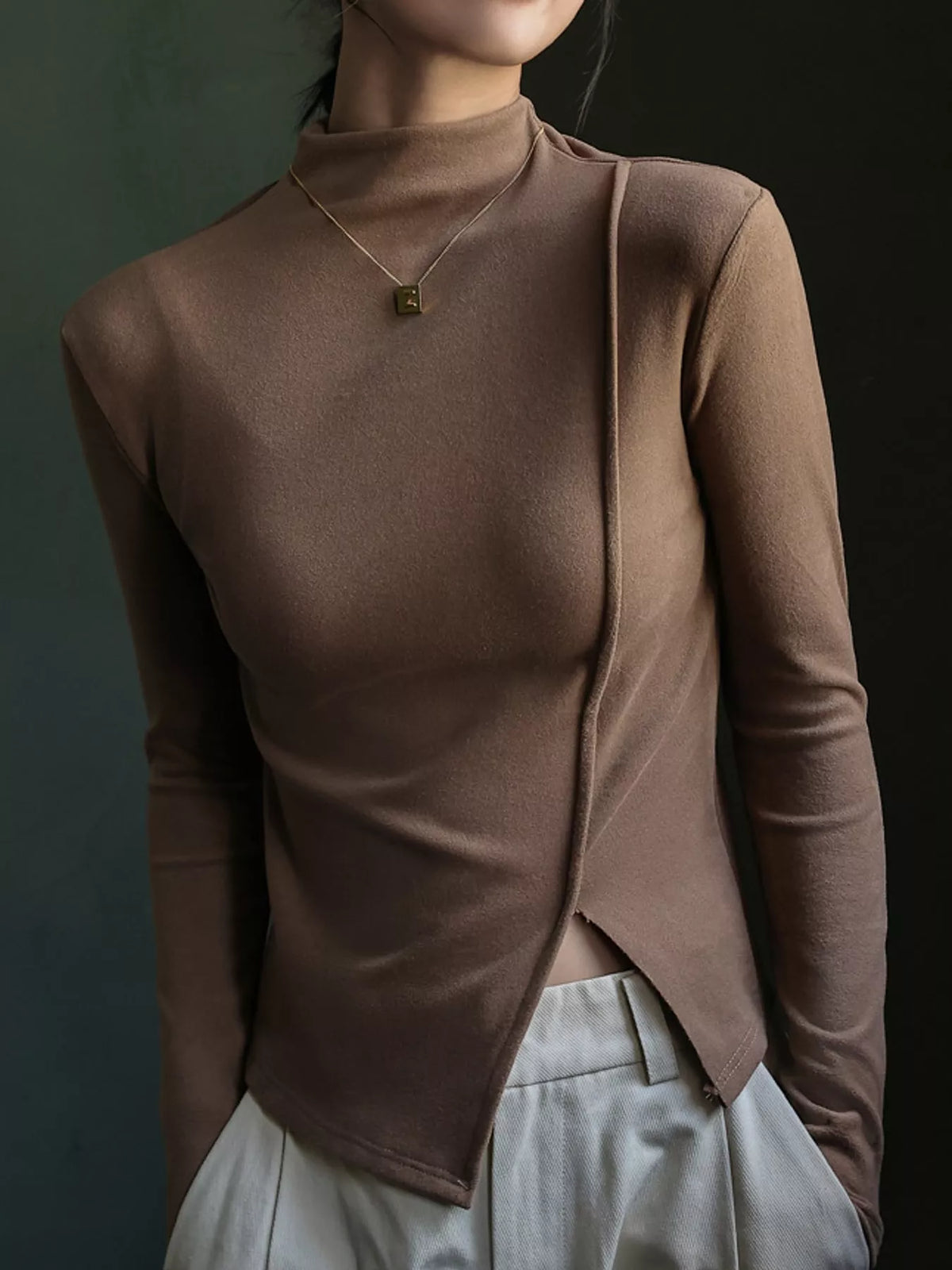 Khaki mock neck long sleeve t-shirt