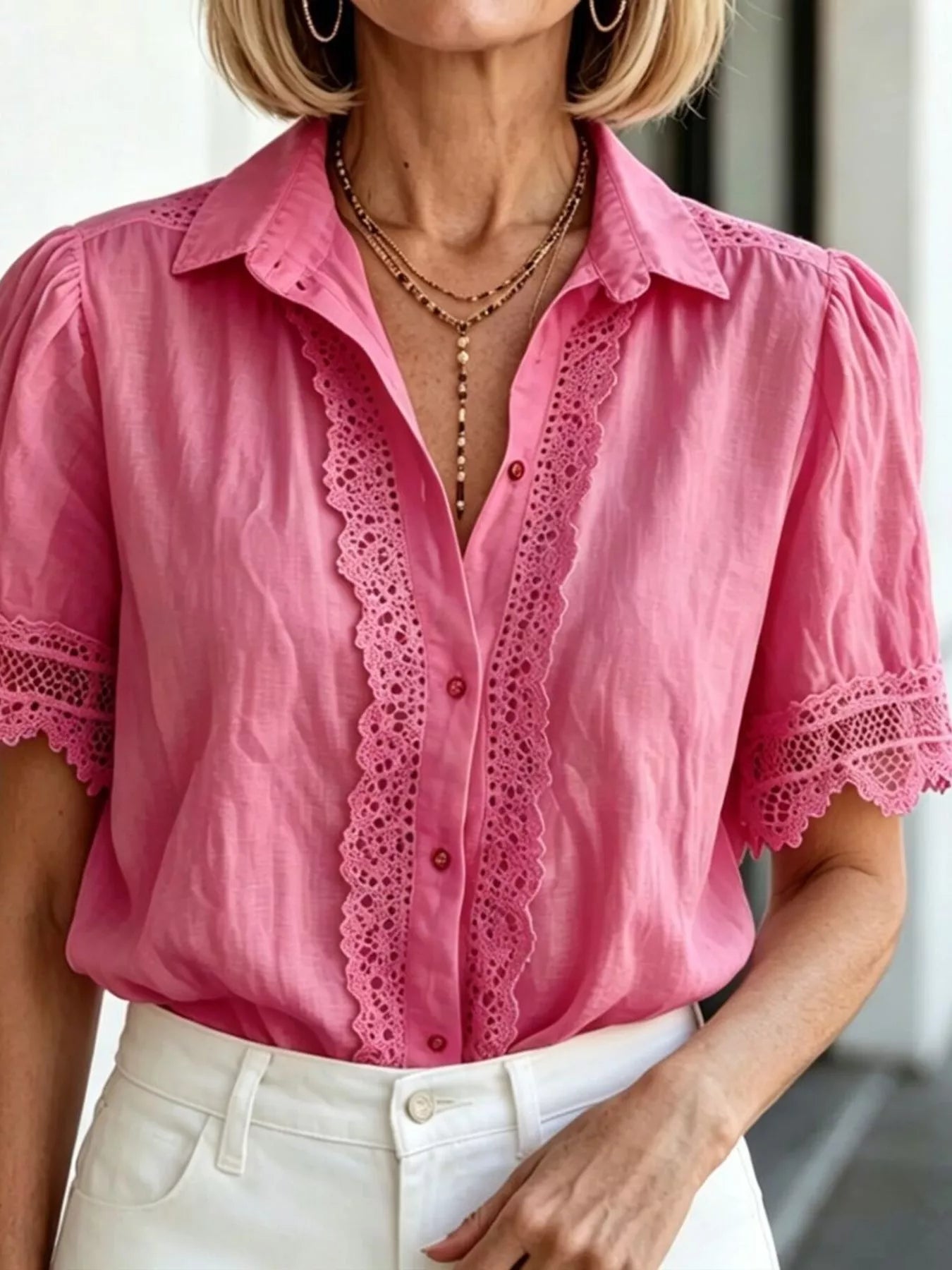 Trendsi Lace-Trimmed Short Sleeve Button-Down Shirt -