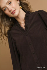Trendsi Umgee Corduroy Ruffle Shirt with Long Puff Sleeves -