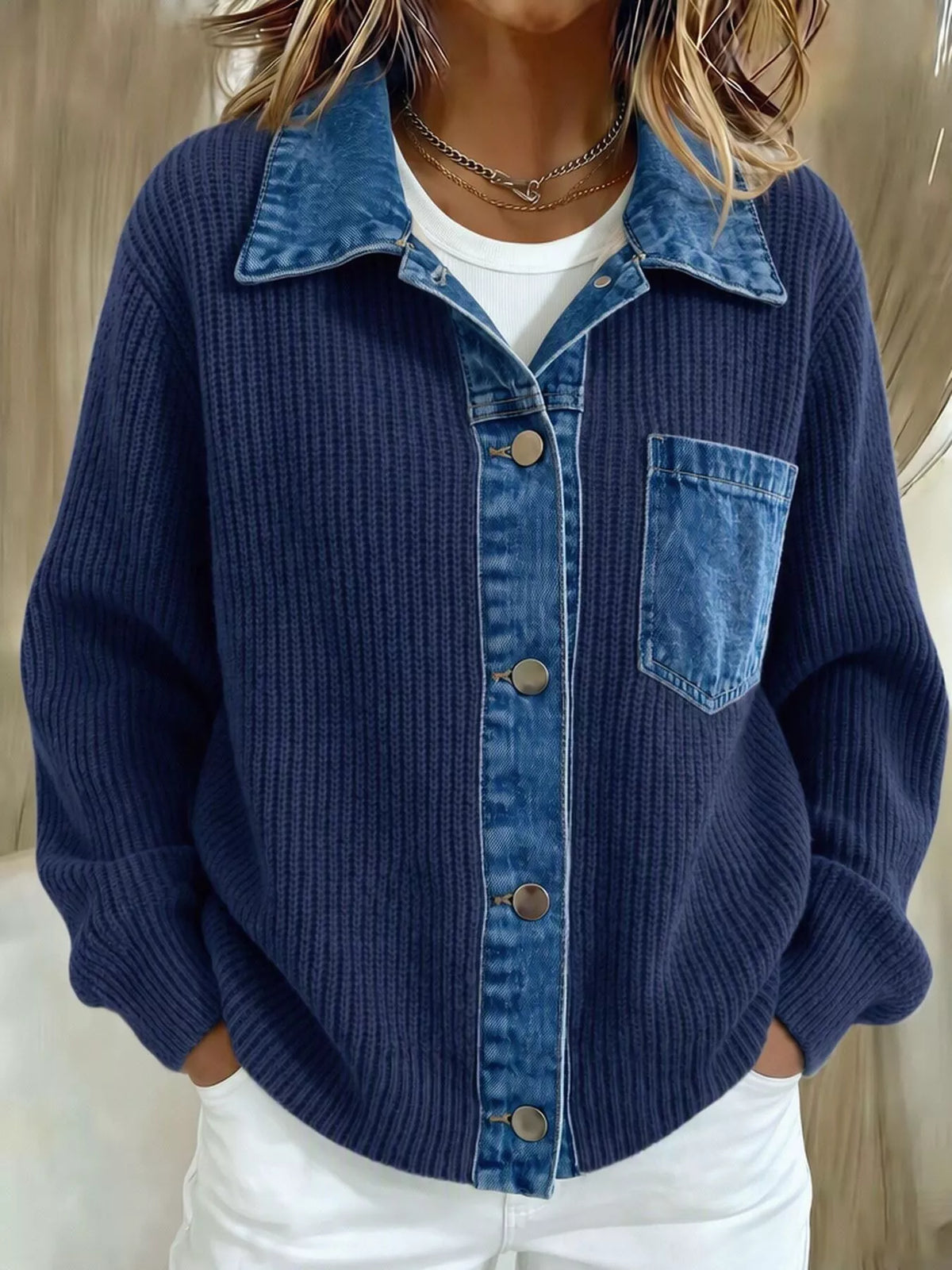 Dark Blue Denim Trim Button-Up Cardigan front view
