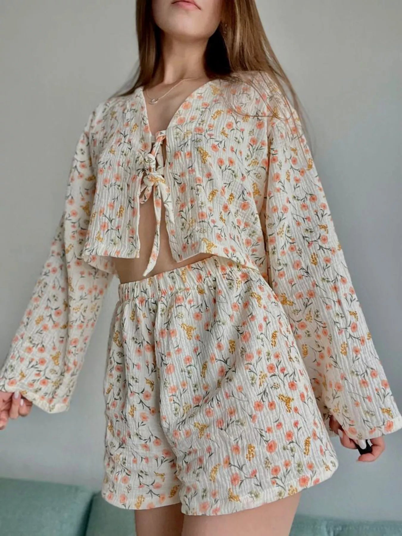 Trendsi Floral Print Crinkle Texture Tie-Front Top and Shorts Set -