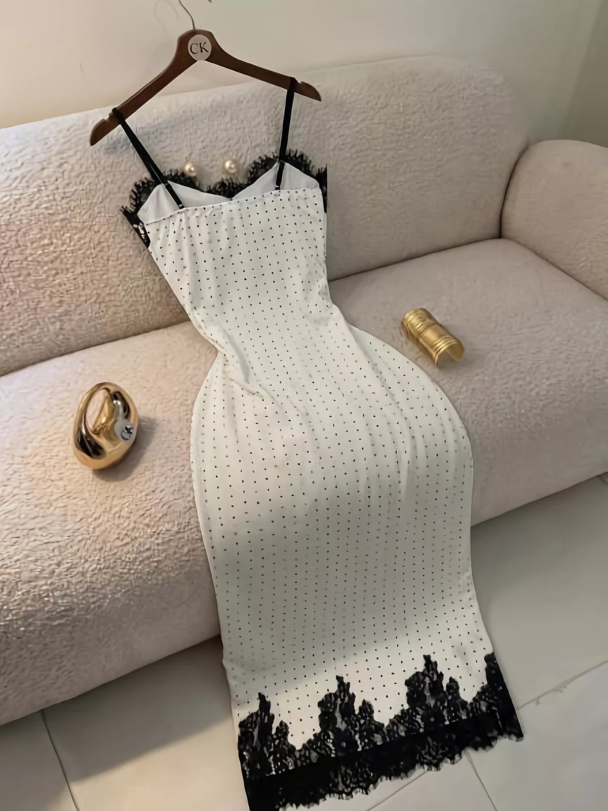 Trendsi Polka Dot Lace Trim Spaghetti Strap Maxi Dress -