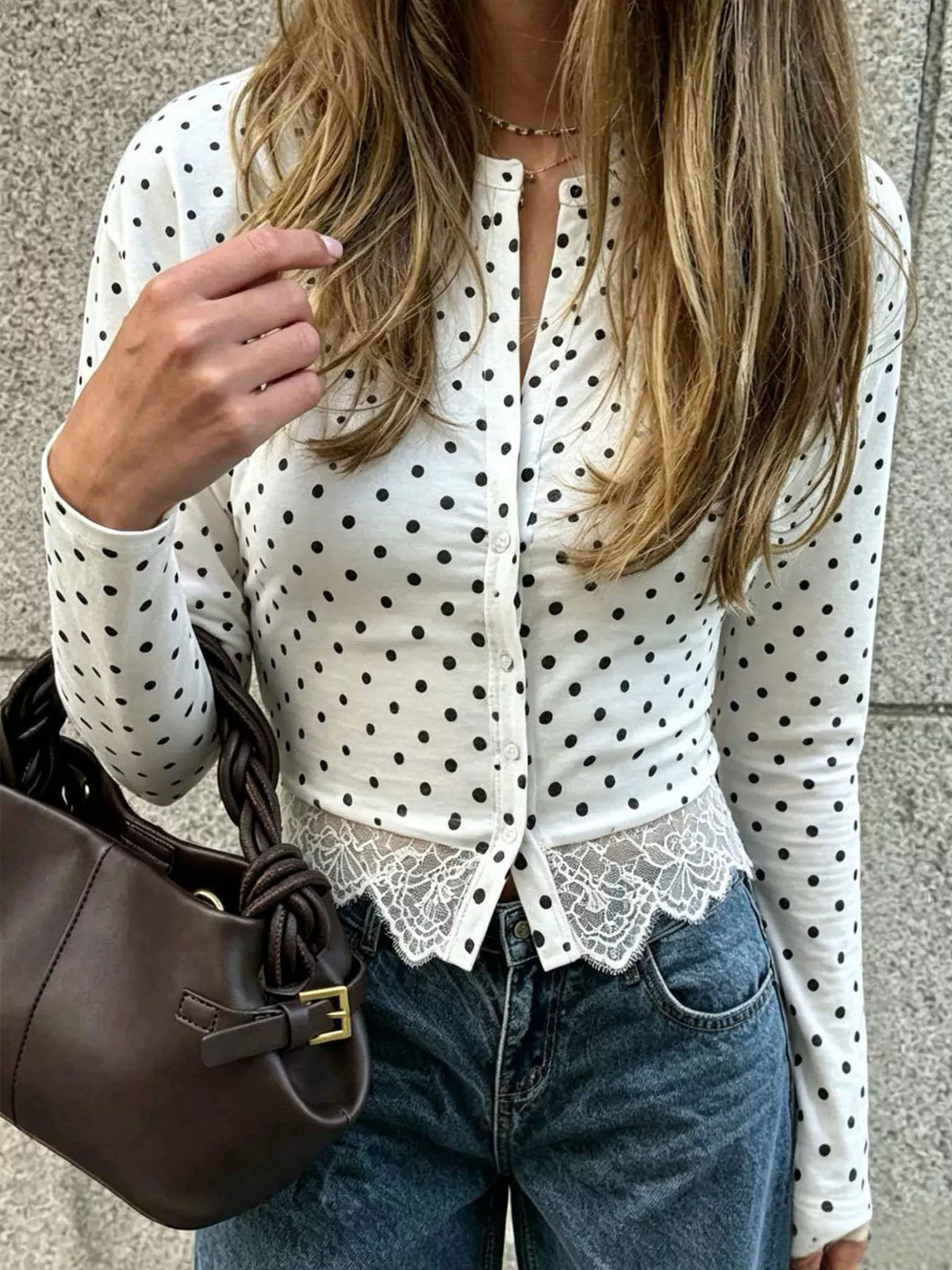 Polka dot long sleeve top with lace trim