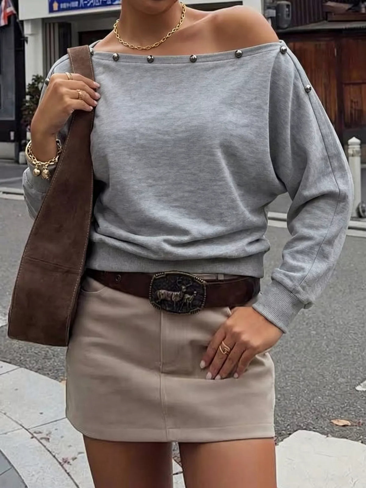 Studded Off Shoulder Long Sleeve T-Shirt in gray, front view