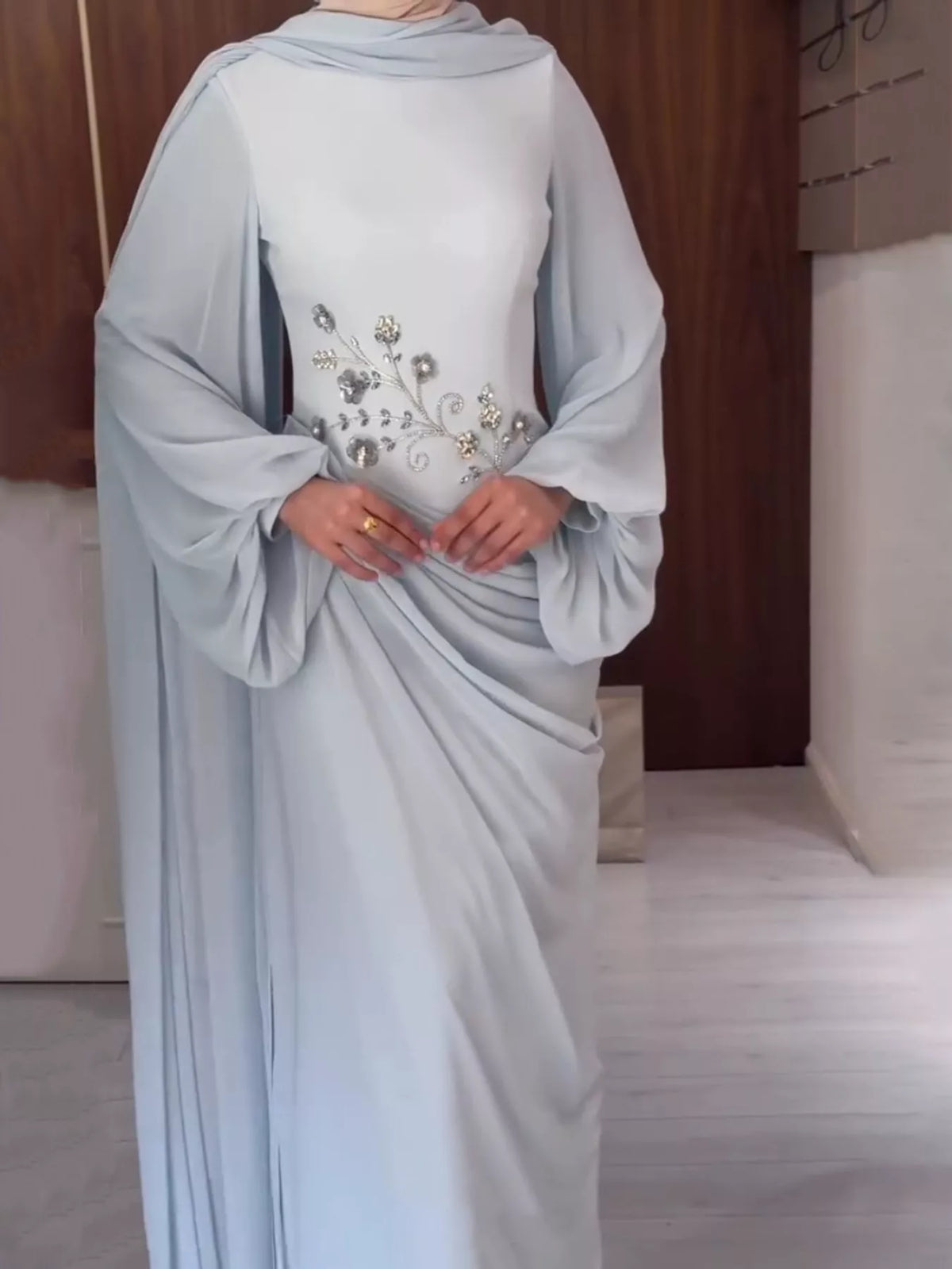 Light blue floral detail long sleeve maxi dress, front view