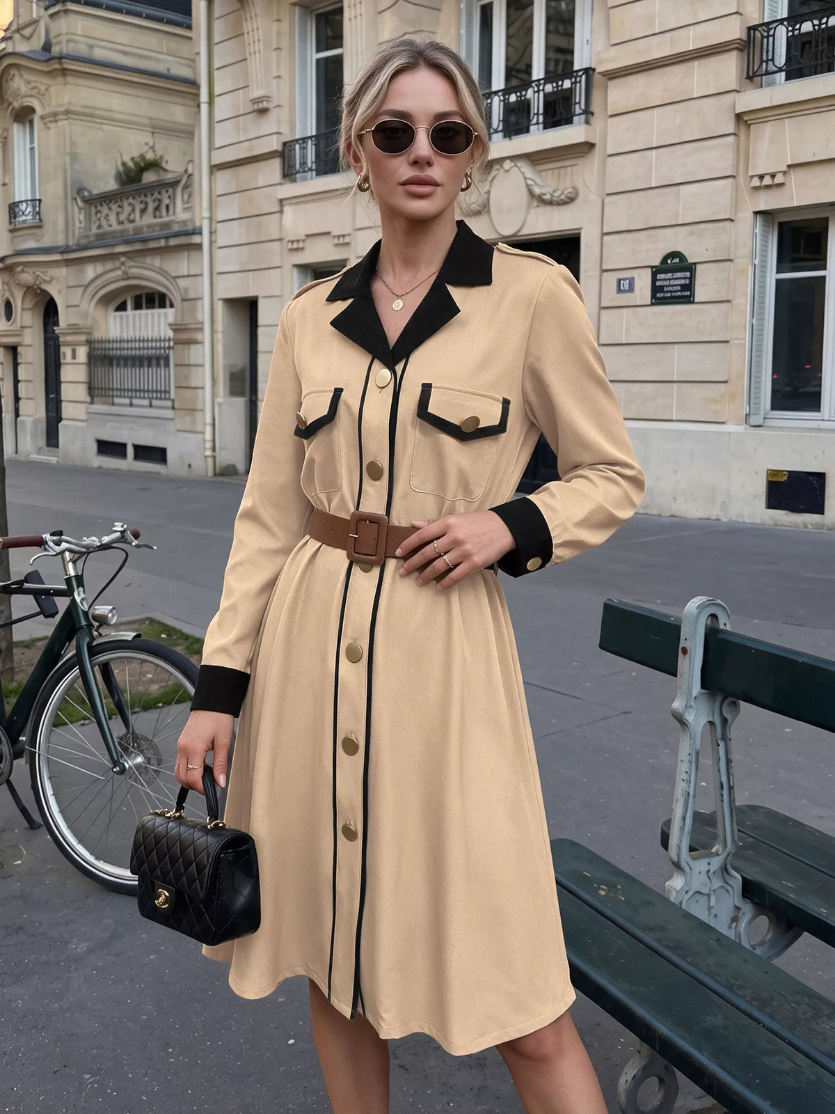 Contrast lapel button front midi shirt dress