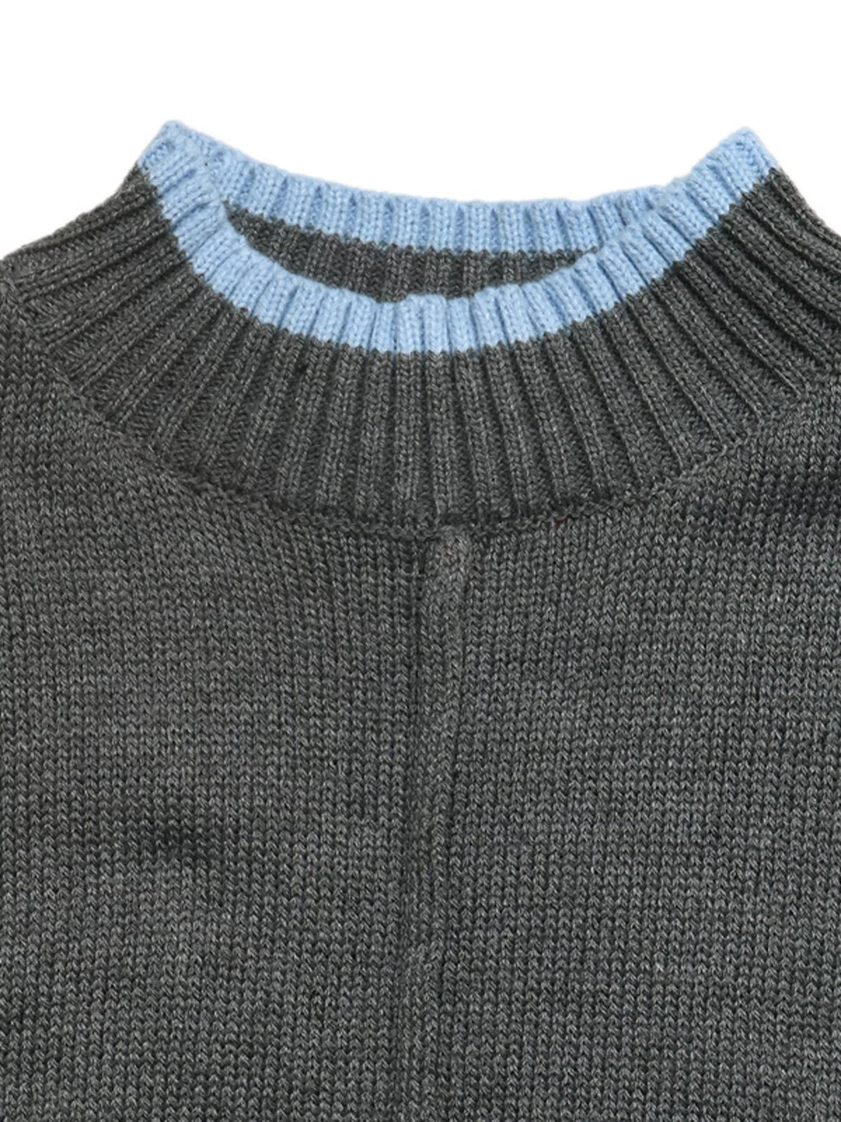 Gray sweater with blue contrast trim, neckline detail