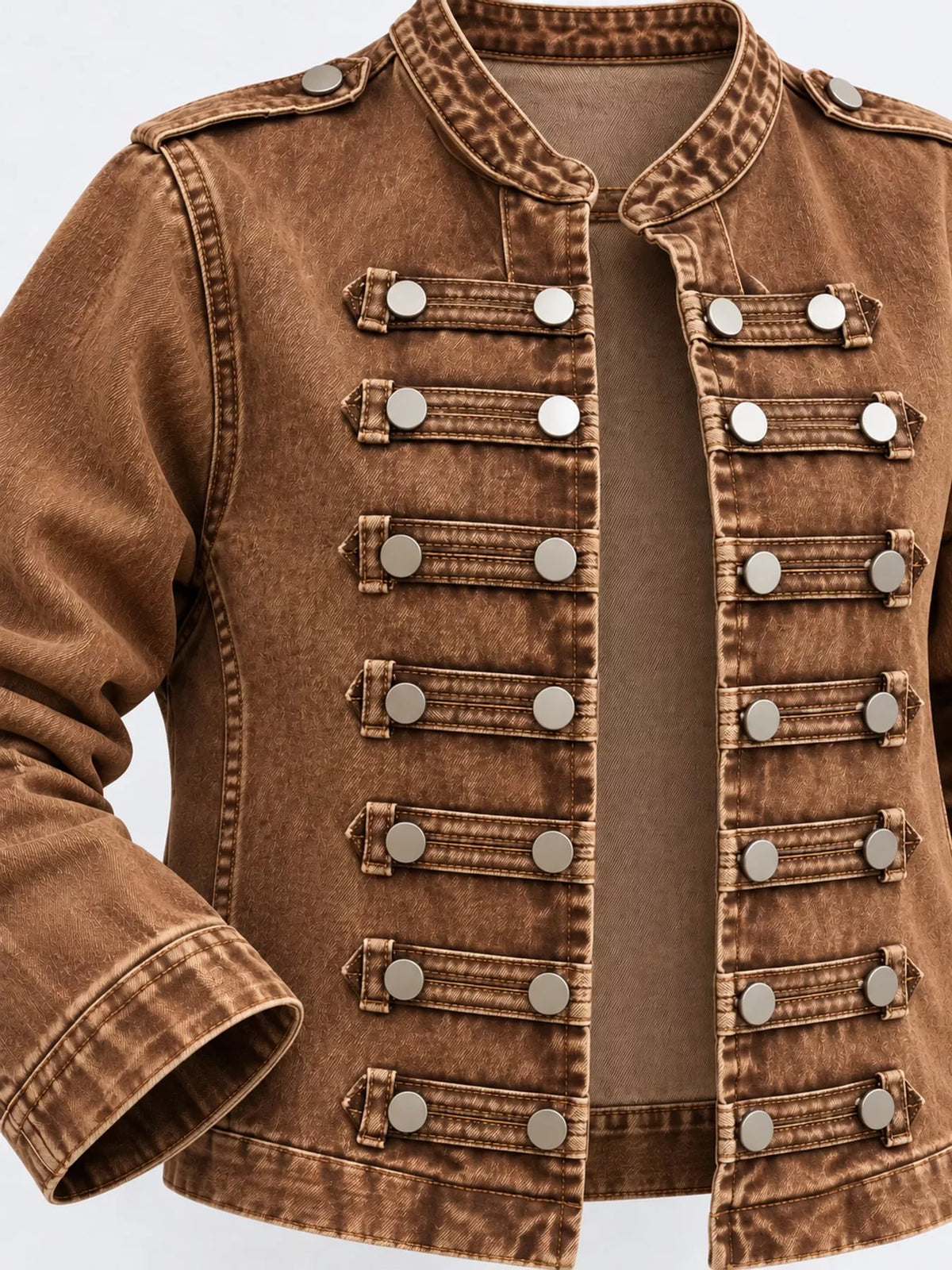 Decorative Button Cropped Denim Jacket — garment construction details