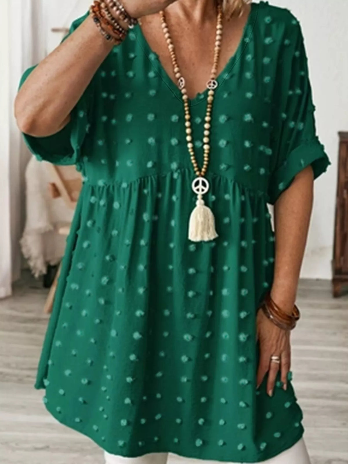 Swiss-dot blouse, dark green front