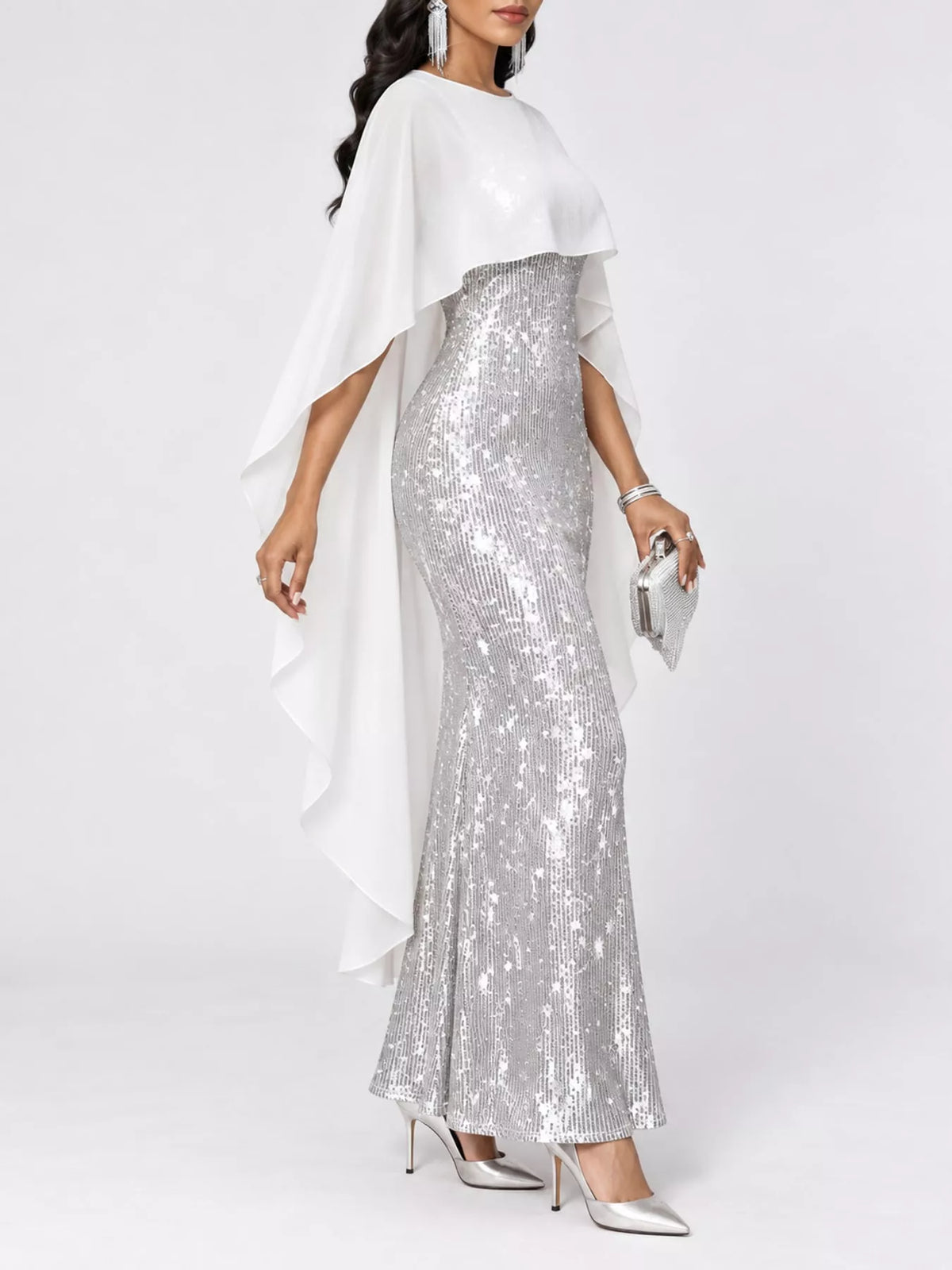 Women's Sequin Cape Overlay Evening Dress in silver — side view